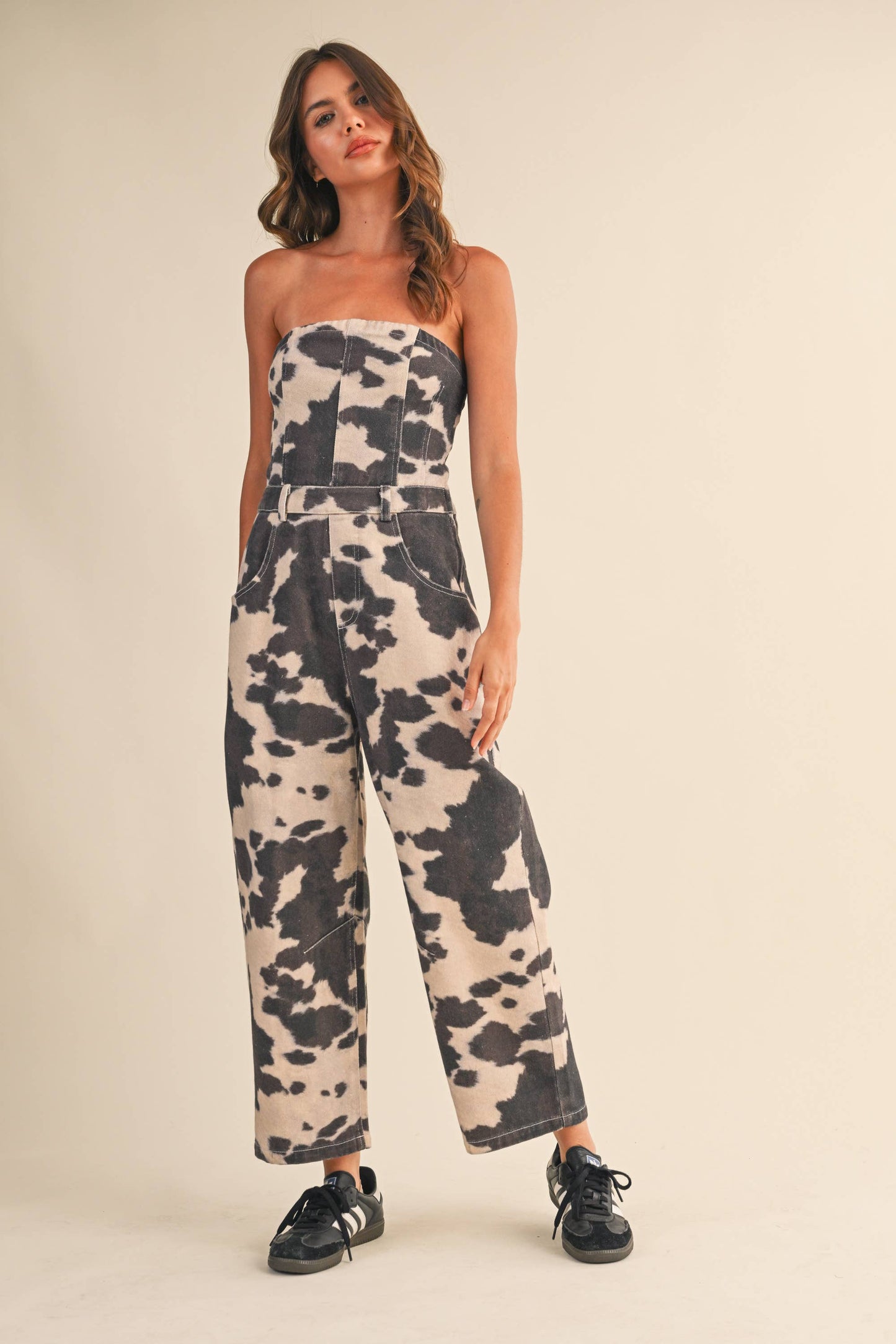 COW PRINT STRAPLESS BARREL PANTS JUMPSUIT