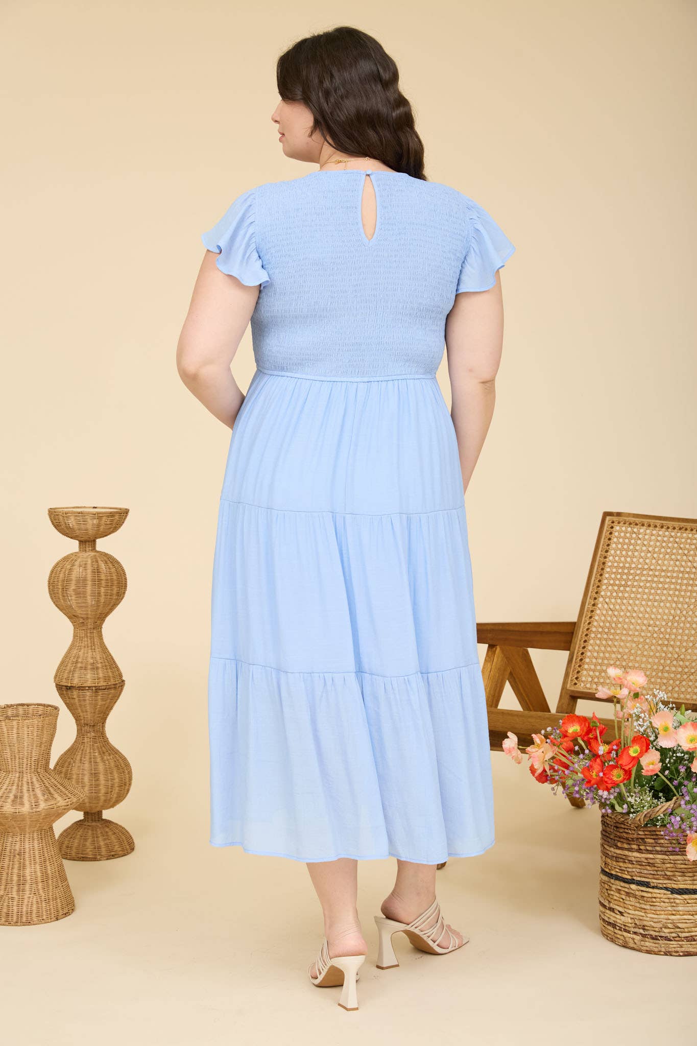 PLUS TIERED SMOCKED SHORT SLEEVE MIDI DRESS