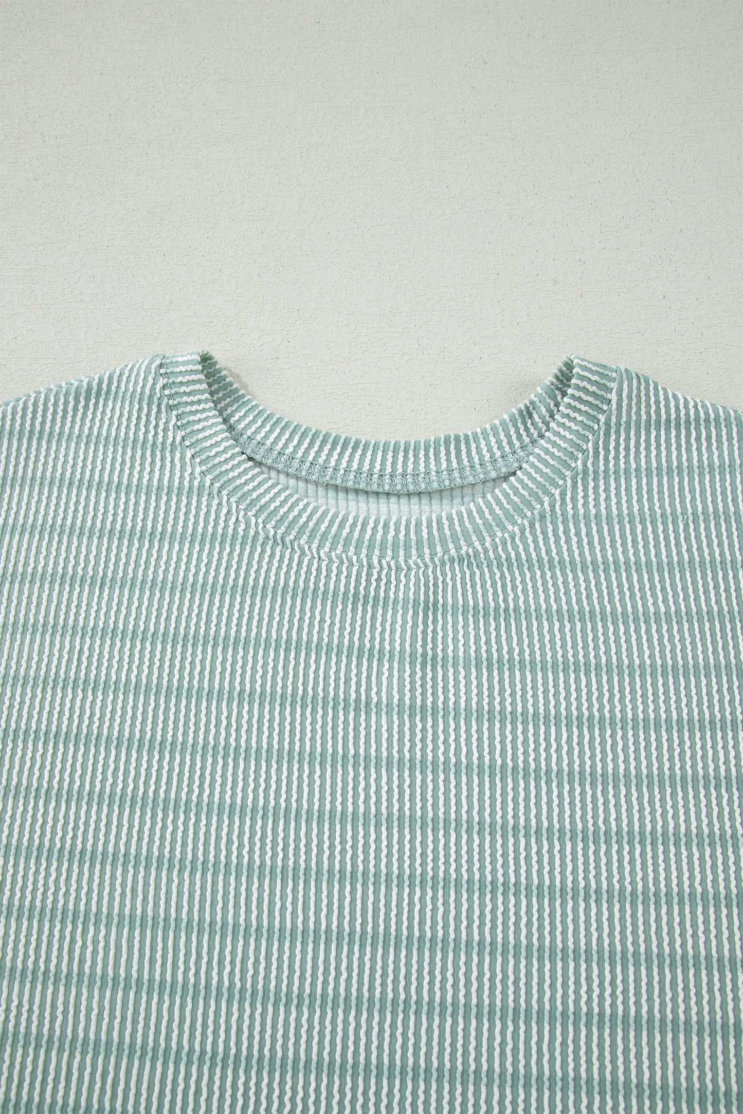 Sky Blue Stripe Raised Rib Loose Tee Drawstring Elastic Waist 2pcs Short Set