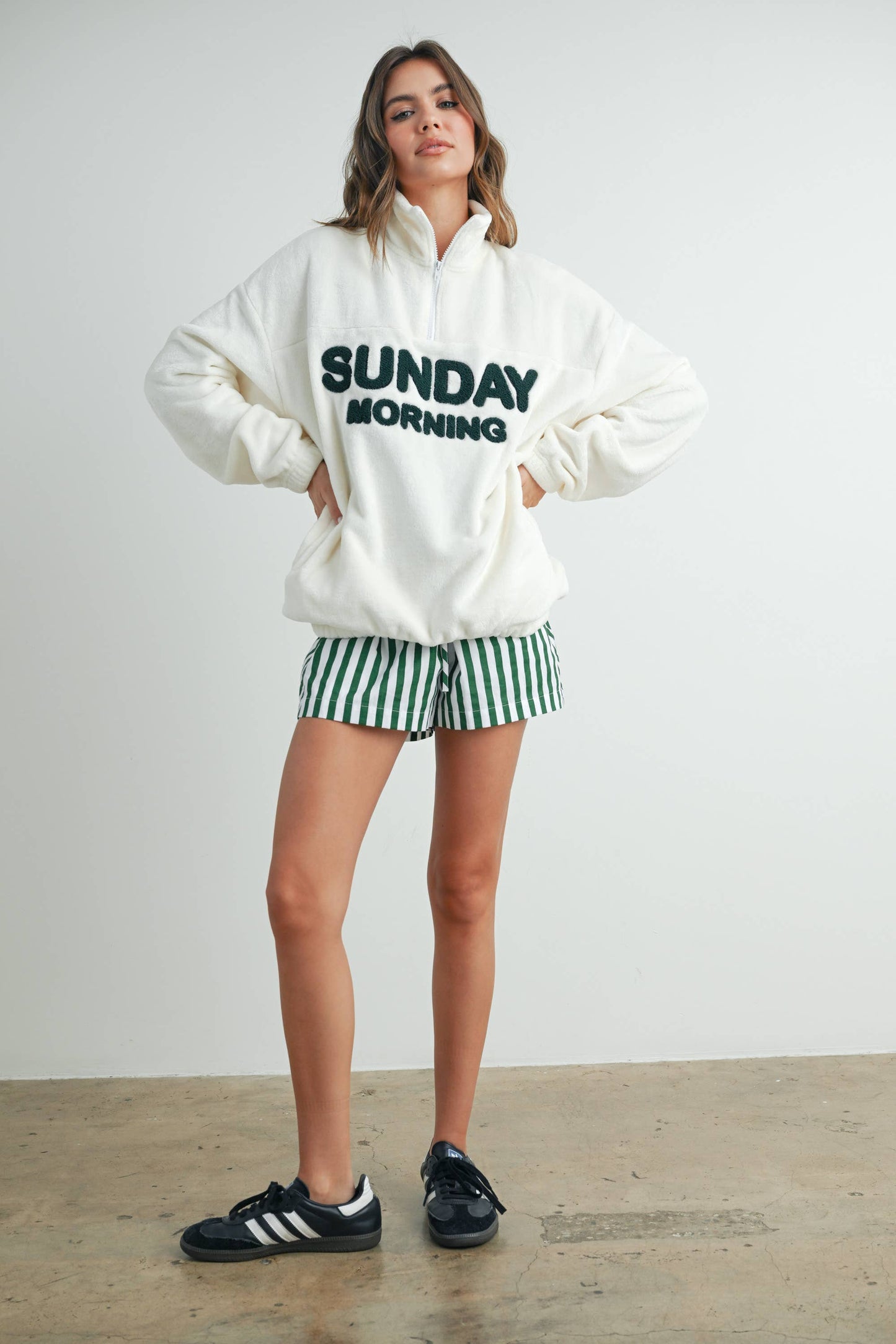 Sunday Morning Half-Zip Pullover Sweatshirt - BMT7579: IVORY / OLIVE / S