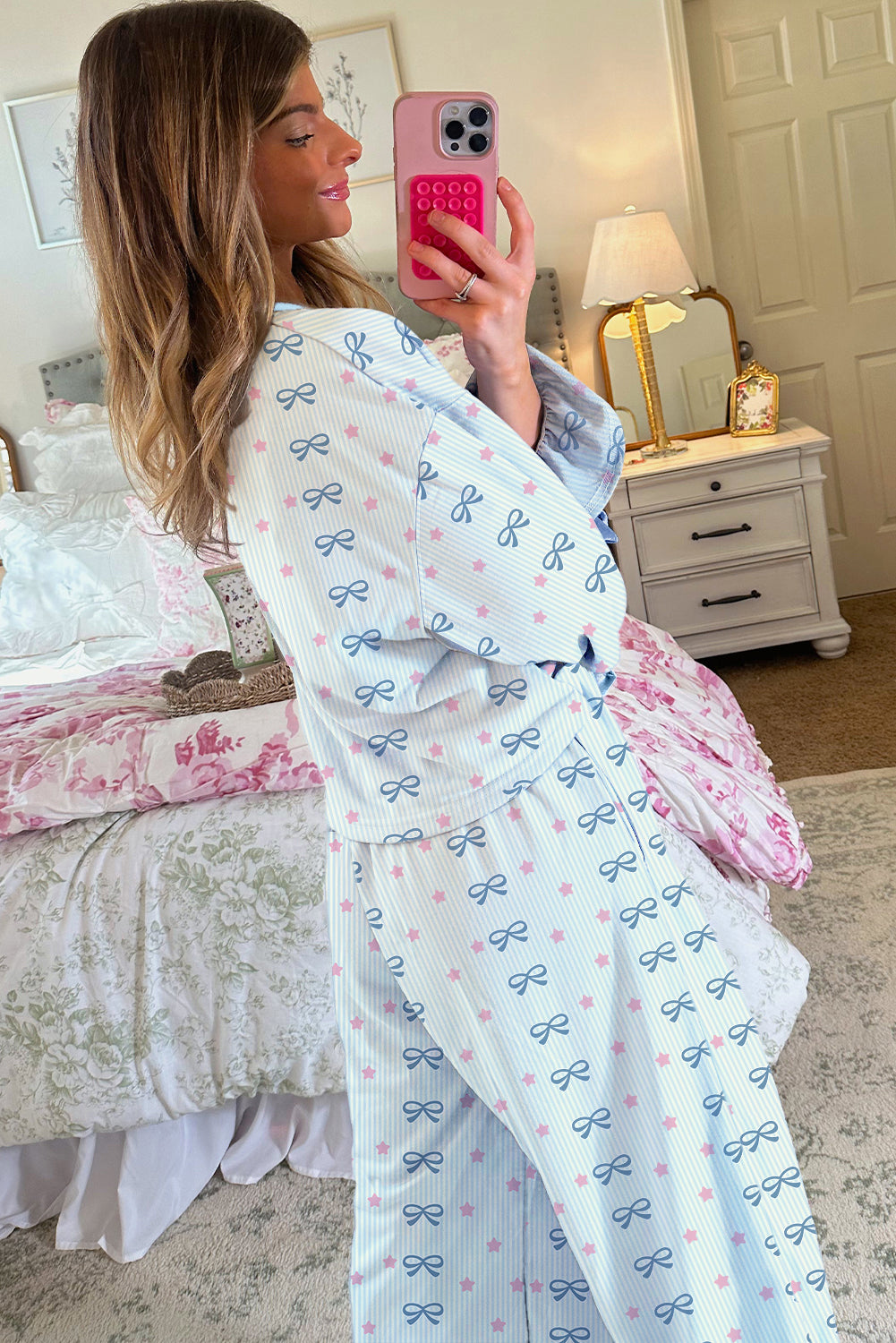 Sky Blue Stripe Bow Star Print Tied Detail 2pcs Lounge Set