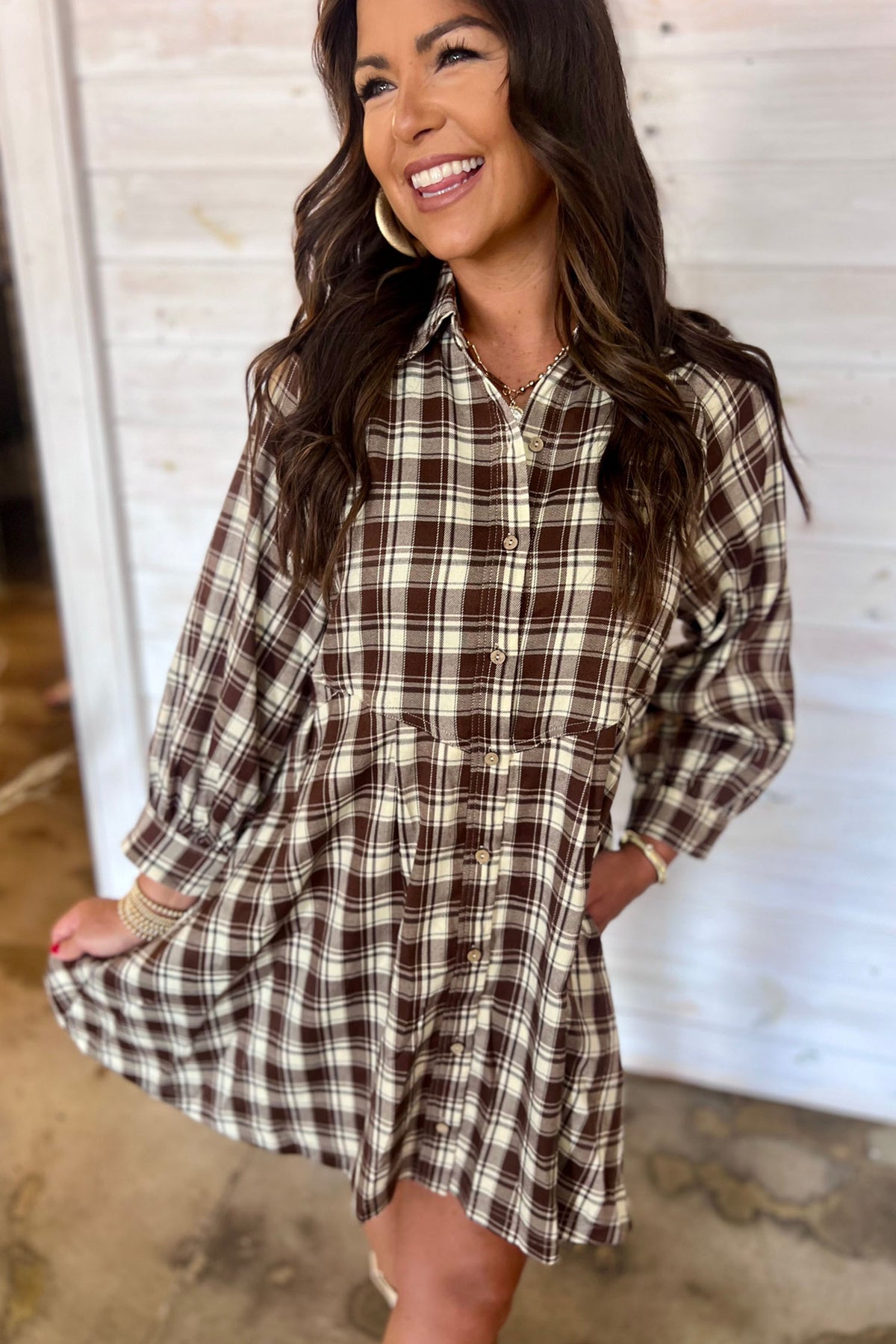 Brown 100% Cotton Plaid Long Sleeve Short Shift Mini Dress