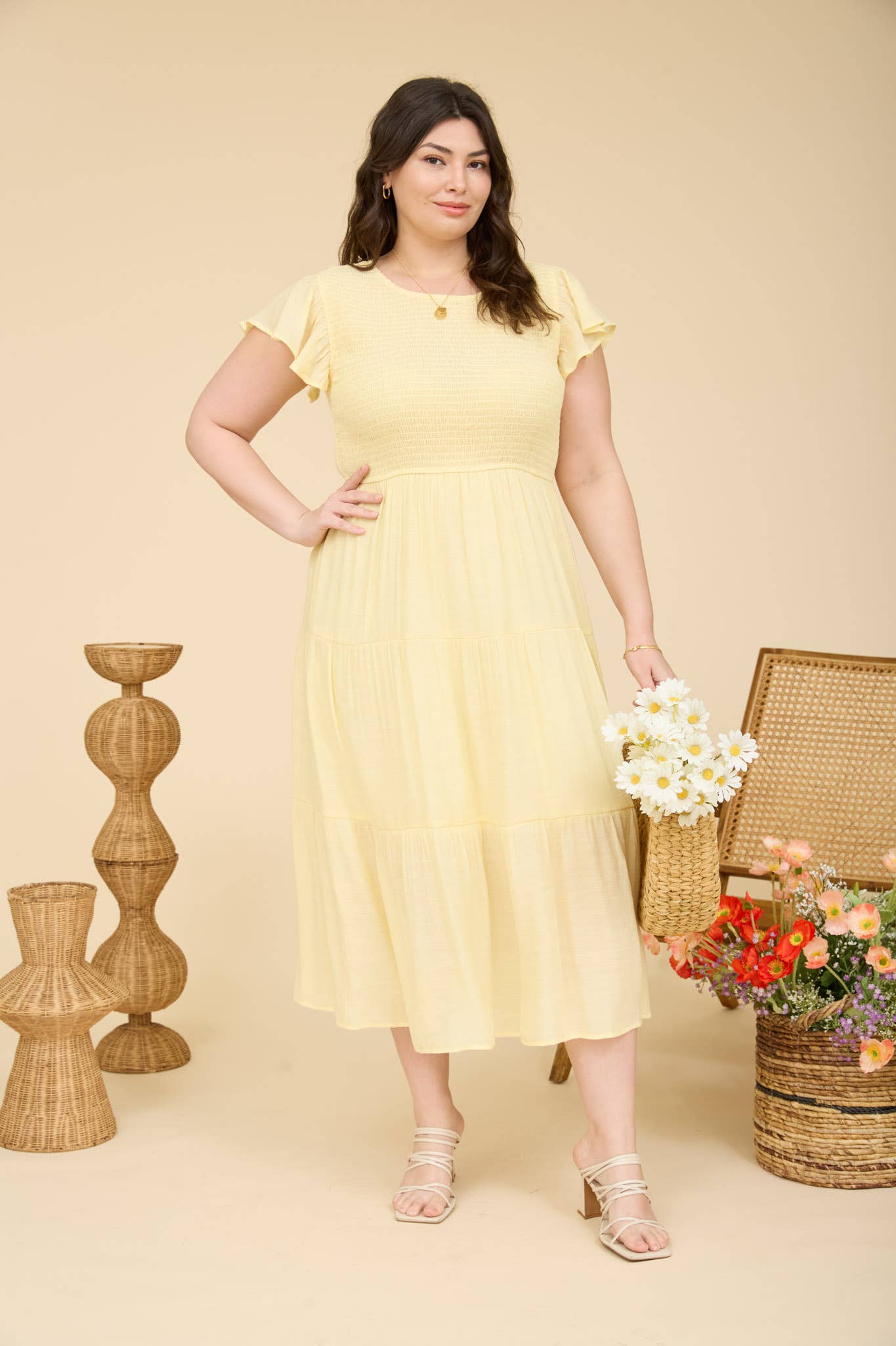 PLUS TIERED SMOCKED SHORT SLEEVE MIDI DRESS