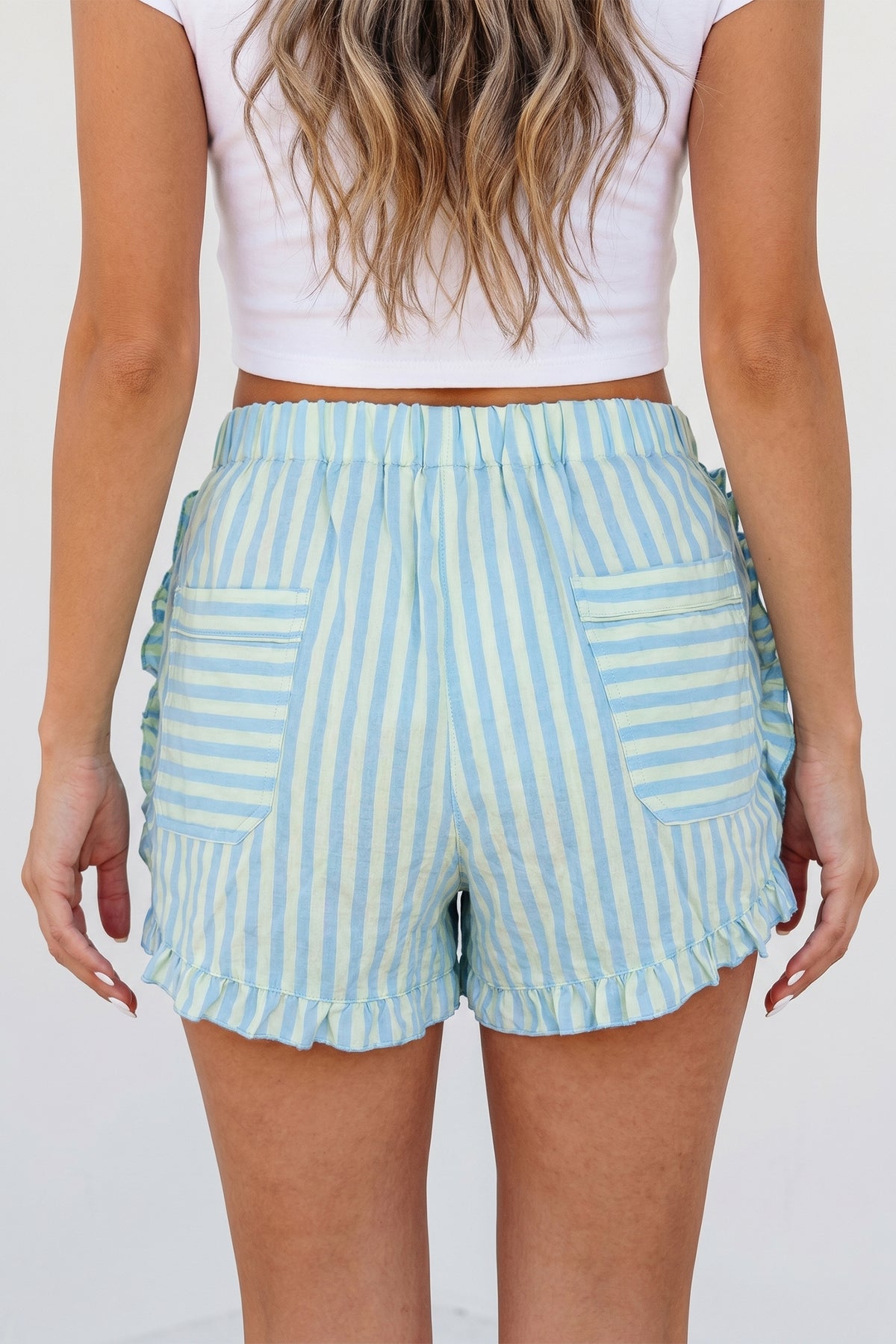 Rose Stripe Elastic Waist Ruffle Trim Casual Shorts