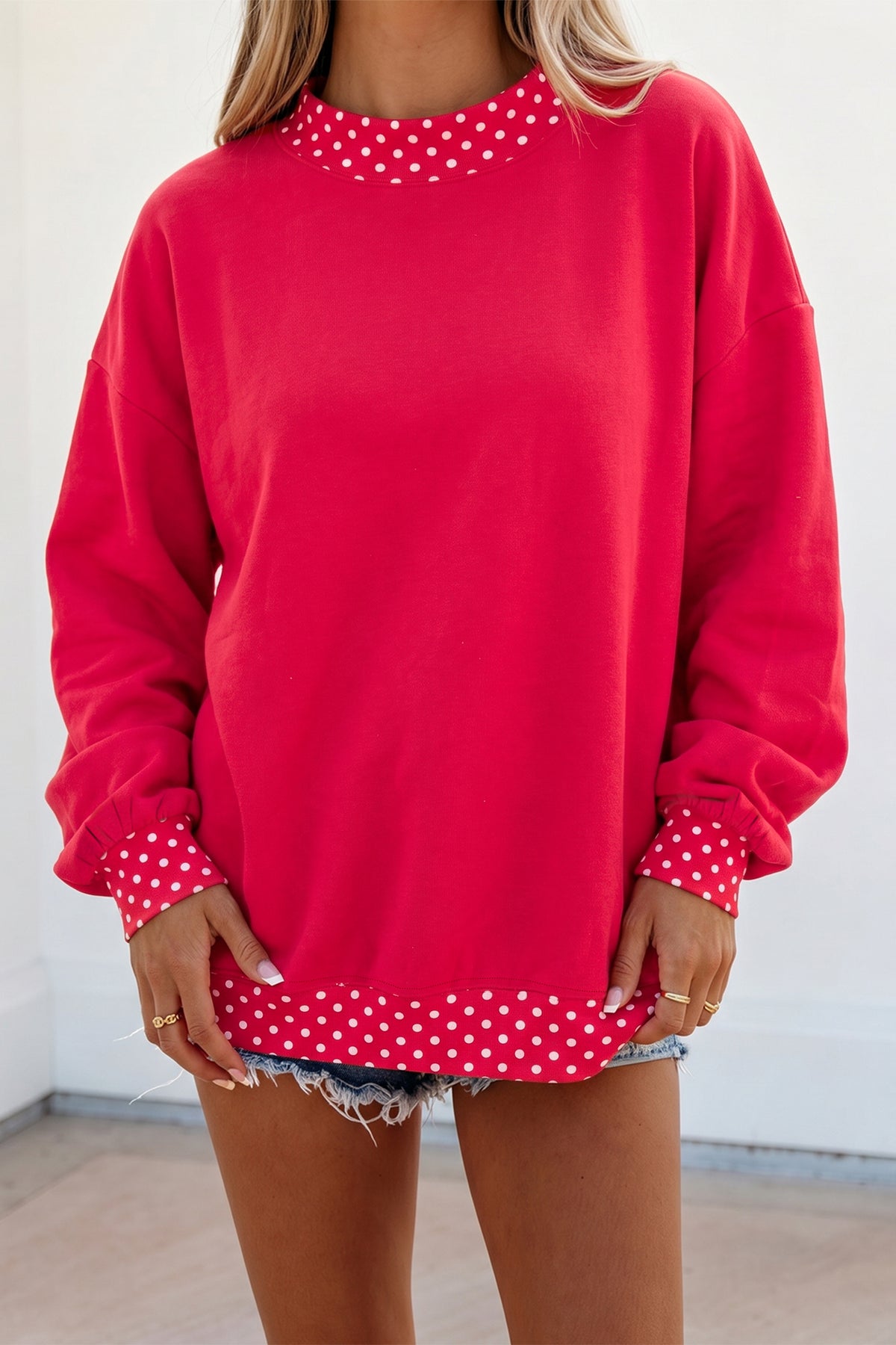 Dark Blue Colorblock Polka Dot Contrast Trim Oversized Sweatshirt