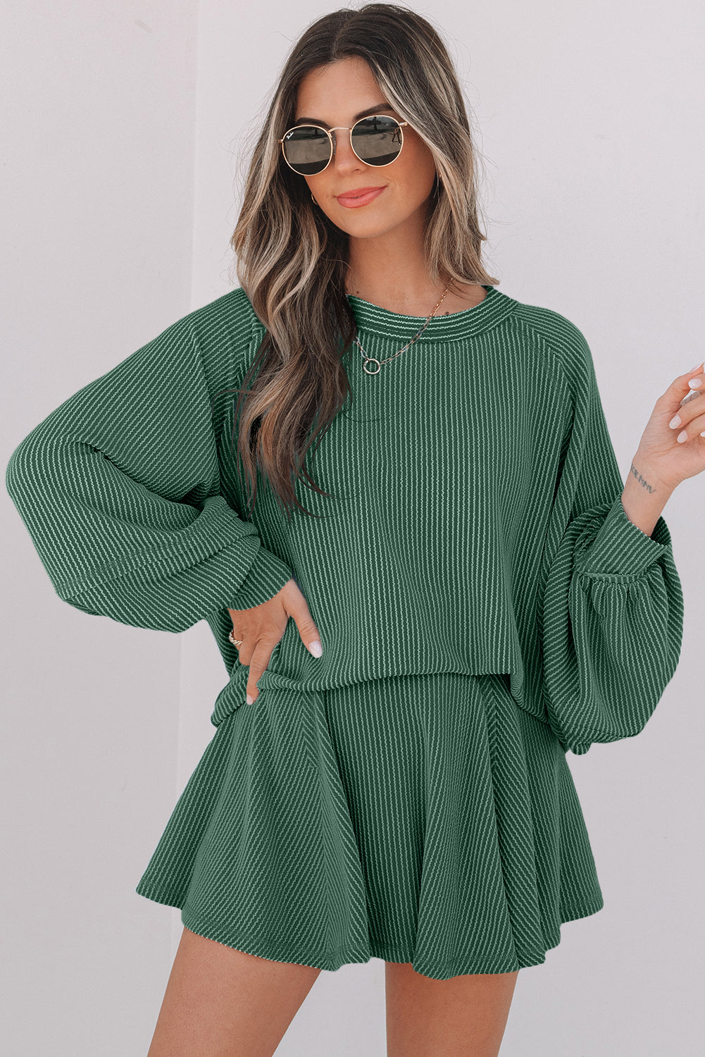 Sky Blue Corded Lantern Sleeve Top High Waist Ruffled Mini Skirt Set