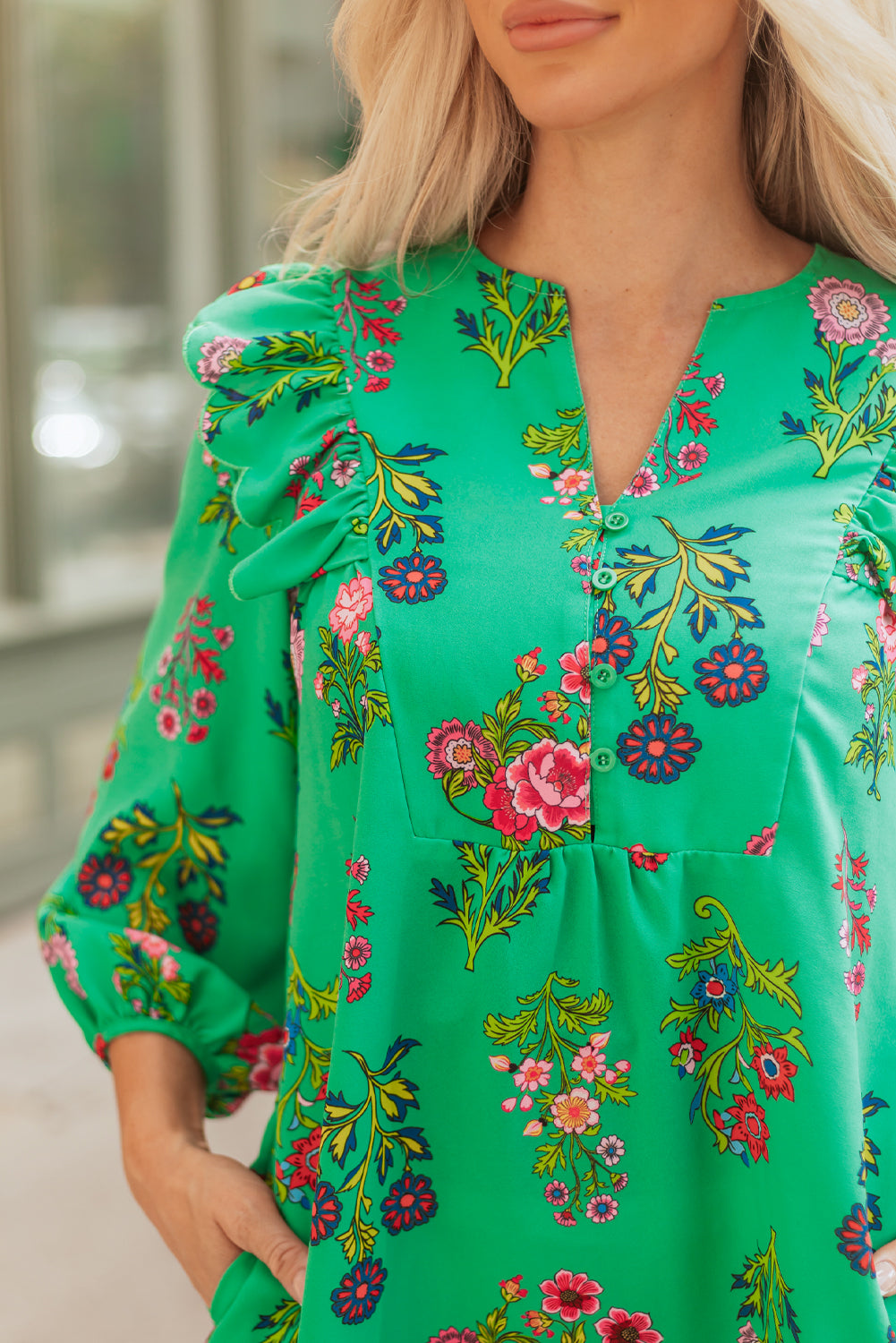 Green Floral Ruffled Three Quarter Sleeve Buttoned Mini Dress