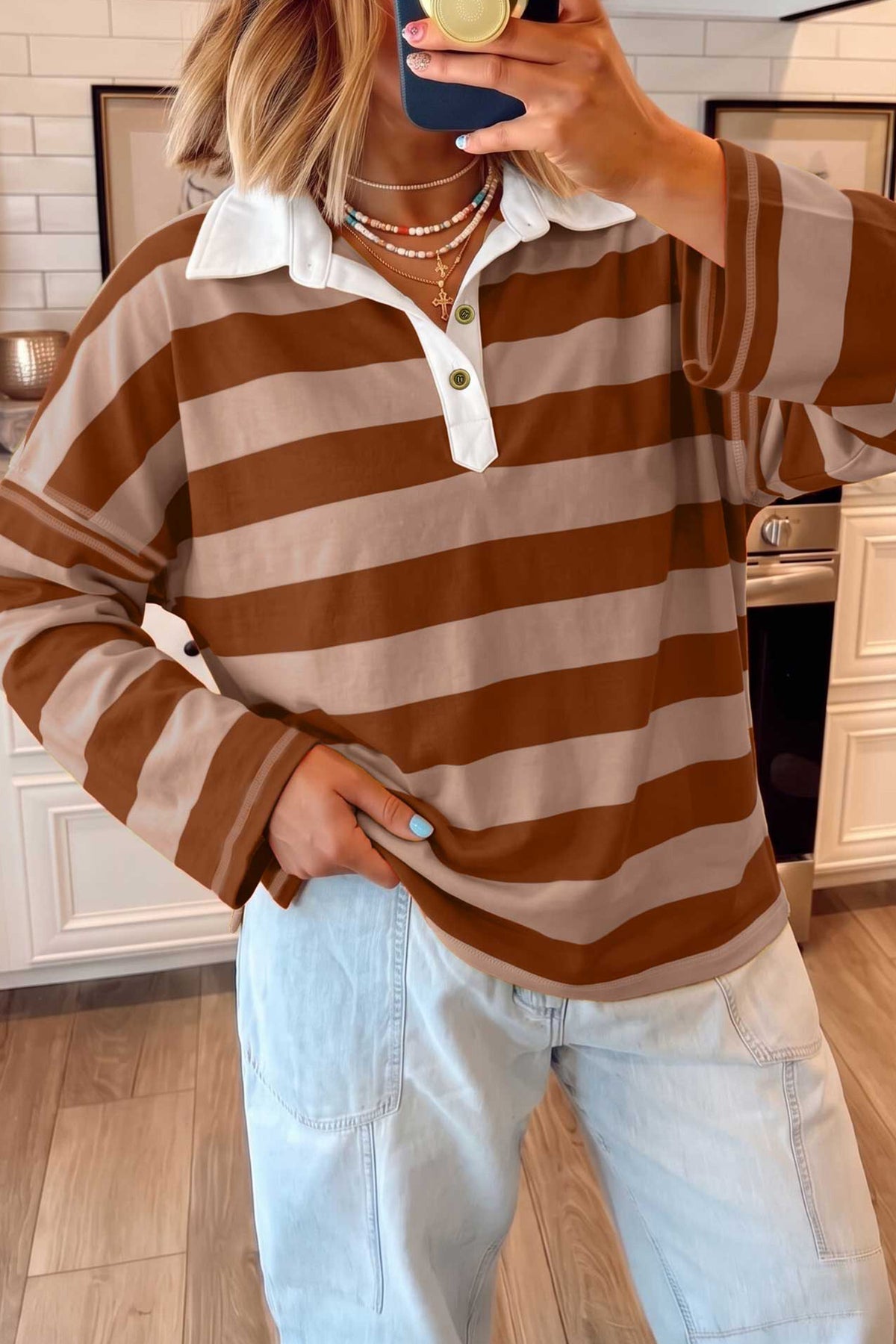 Brown Stripe Contrast Polo Top