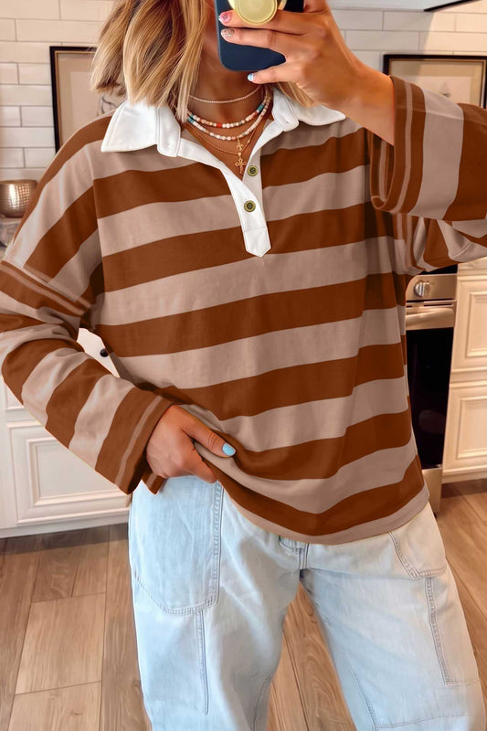 Brown Stripe Contrast Polo Top