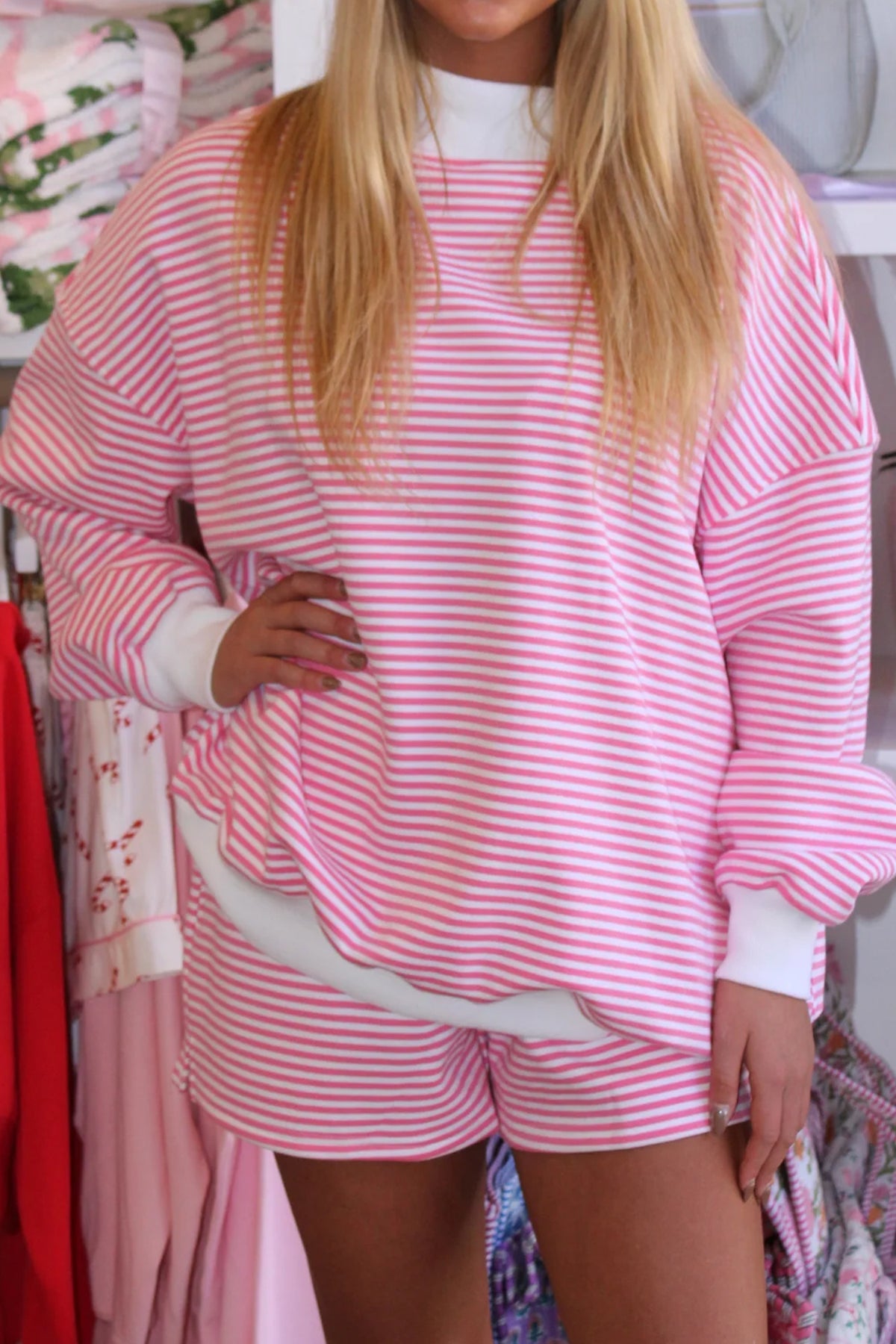 Oversize Striped Mock Neck Sweatshirt and Shorts Set