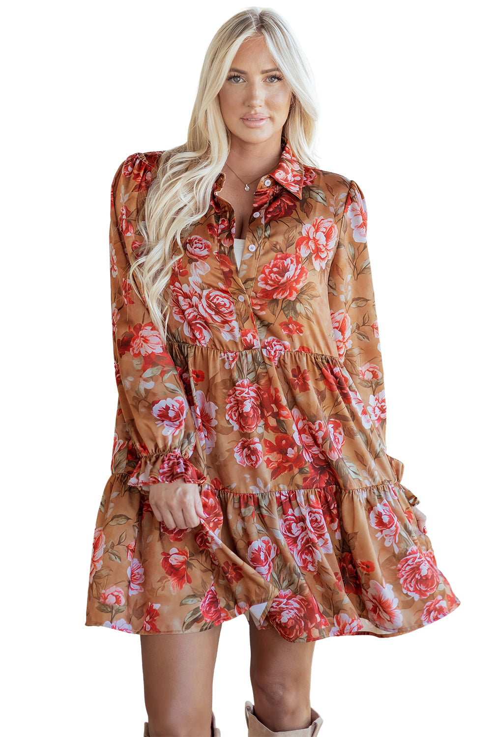 Women's Brown Vintage Floral Print Shirt Dress with Long Sleeves