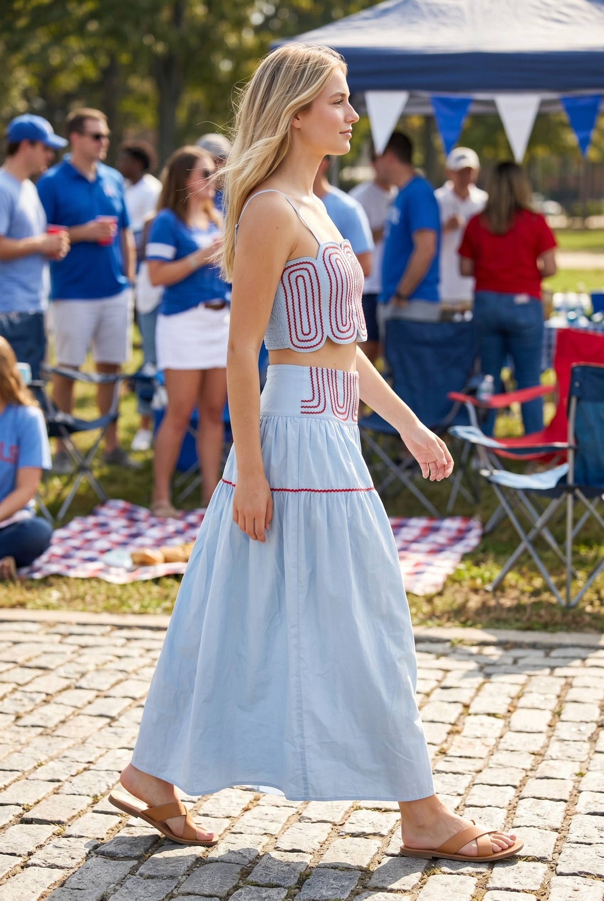 White Trimmed Purple Scalloped Top & Maxi Skirt Set