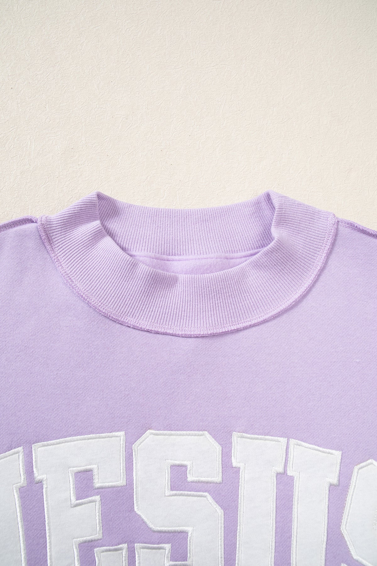 Orchid Bouquet JESUS Letter Patch Graphic Exposed Seam Mock Neck Baggy Sweatshirt