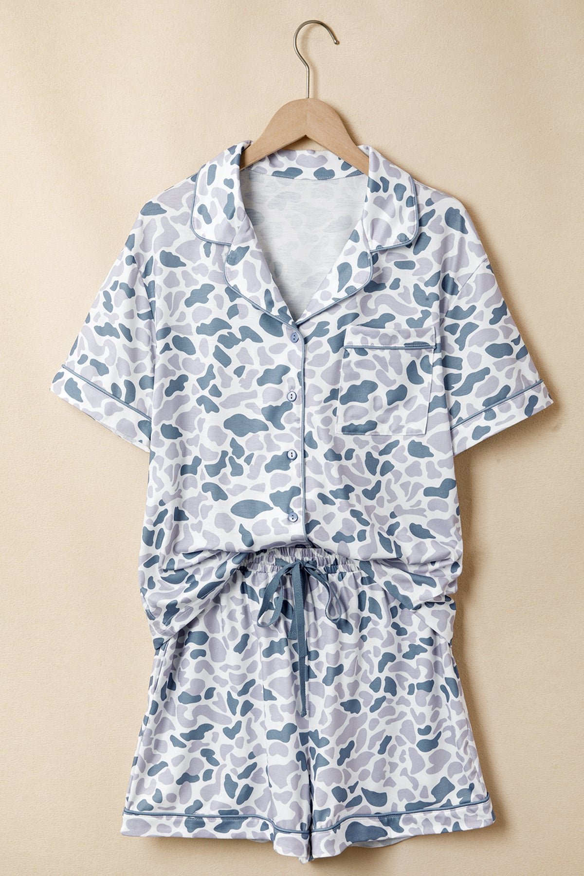 Beige Polka Dot Print Lapel Shirt Drawstring 2pcs Short Pajama Set