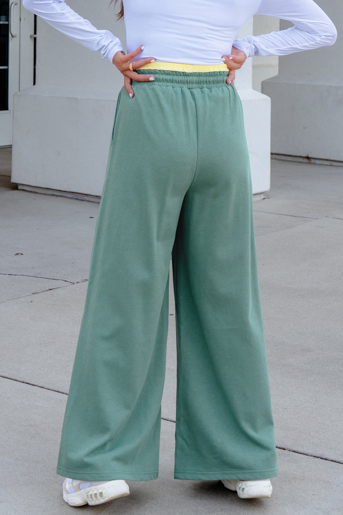 Sea Green Color Block Flower Patchwork Drawstring Contrasted Elastic Waist Wide Leg Pants
