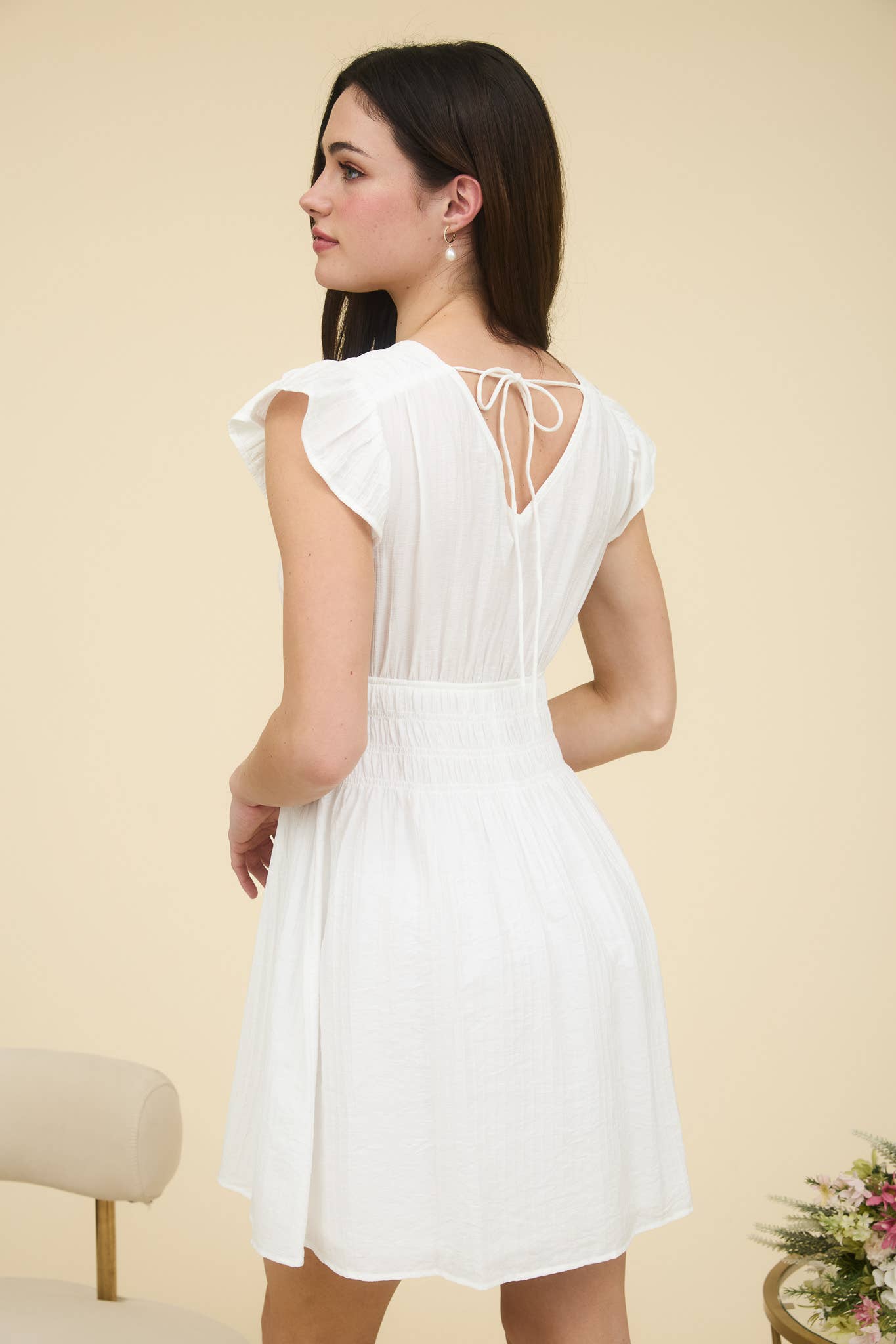 V NECK SHIRRED WAIST RUFFLE SLEEVE MINI DRESS