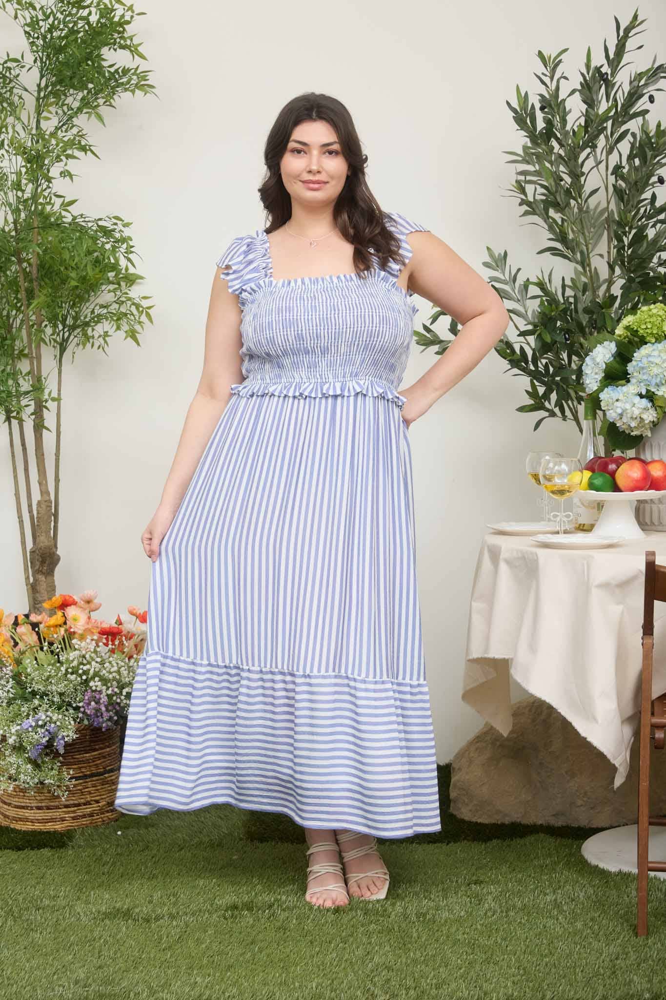 PLUS BLUE AND WHITE STRIPED SMOCKED RUFFLE TRIM MIDI DRESS