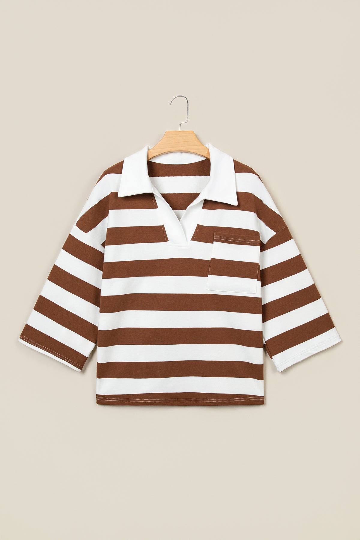 Brown Stripe Contrast Collar 3/4 Sleeve Oversized Casual Top