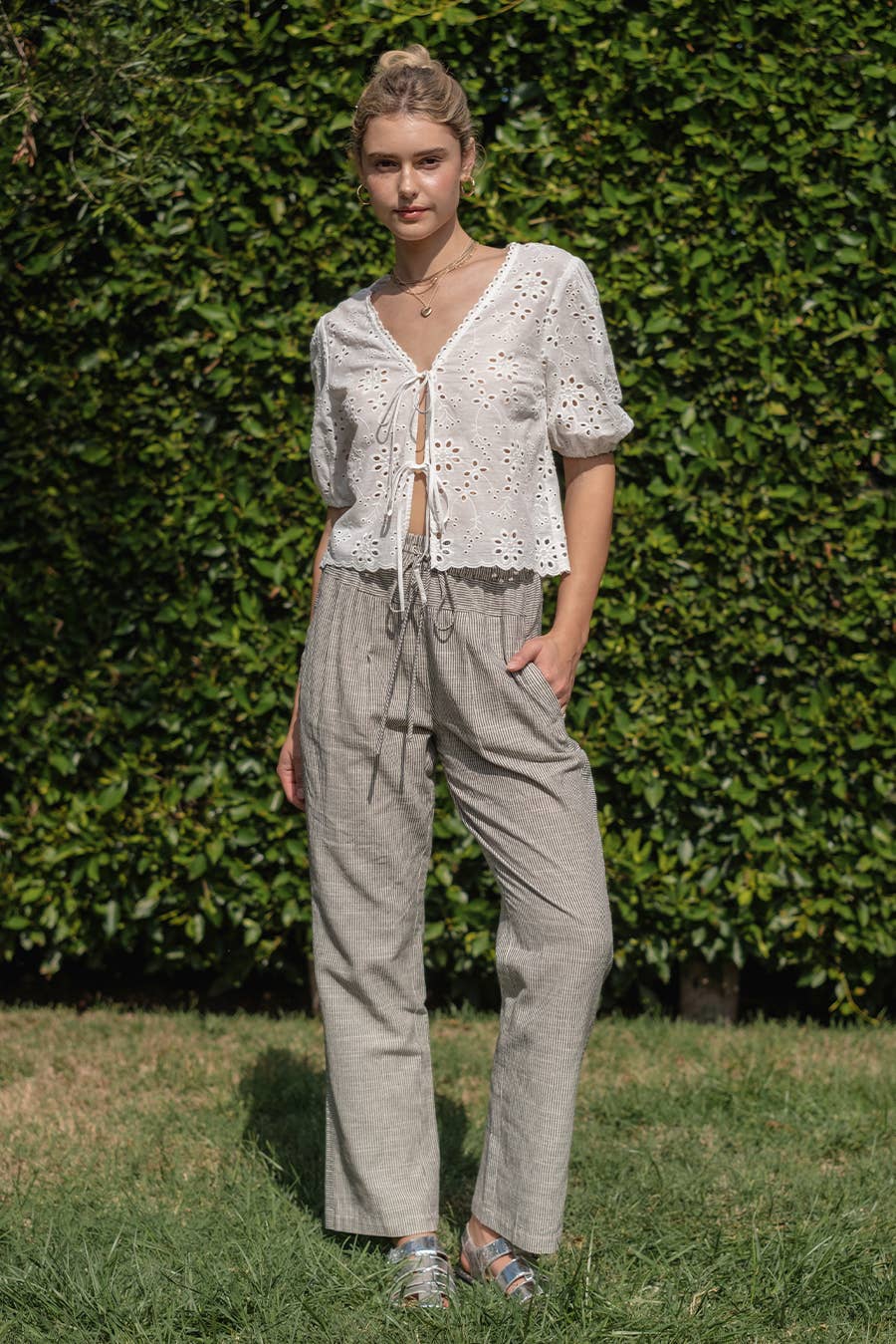 Off-White Eyelet Tie Front Top