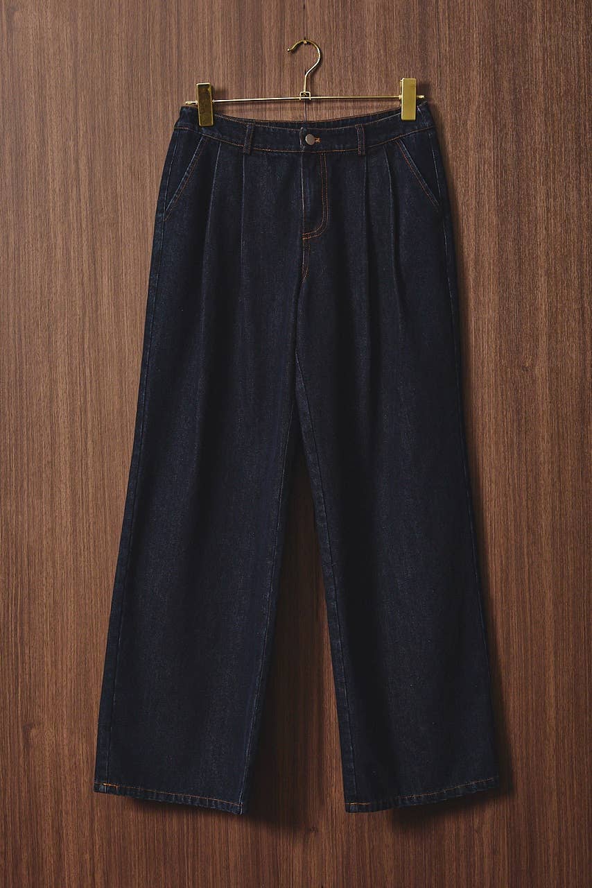 Pleated Low Rise Wide Leg Dark Wash Denim Pants