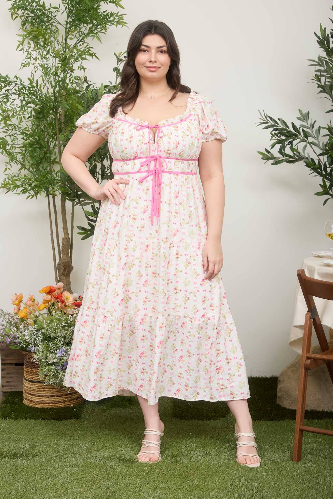 PLUS FLORAL TILE PRINT CONTRAST TIE DETAIL MIDI DRESS