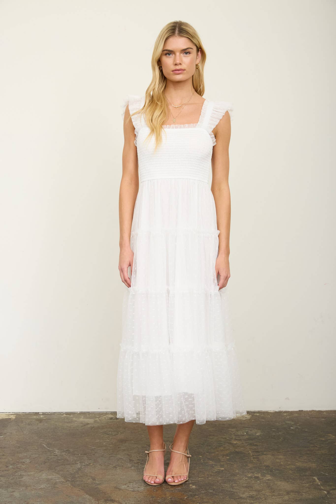 POLKA DOT CHIFFON SMOCKED TIERED MIDI DRESS