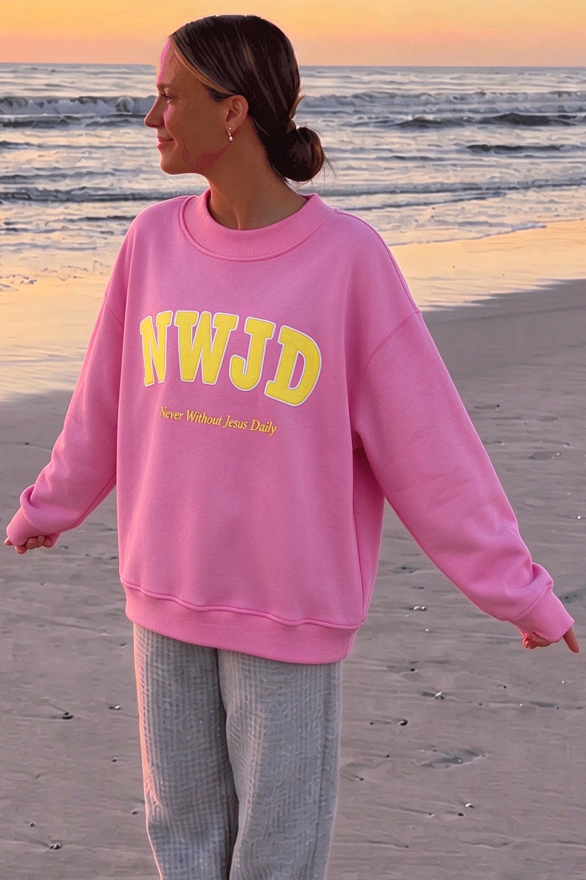 Yellow WWJD Embroidered Trim Slogan Graphic Crewneck Pullover Sweatshirt