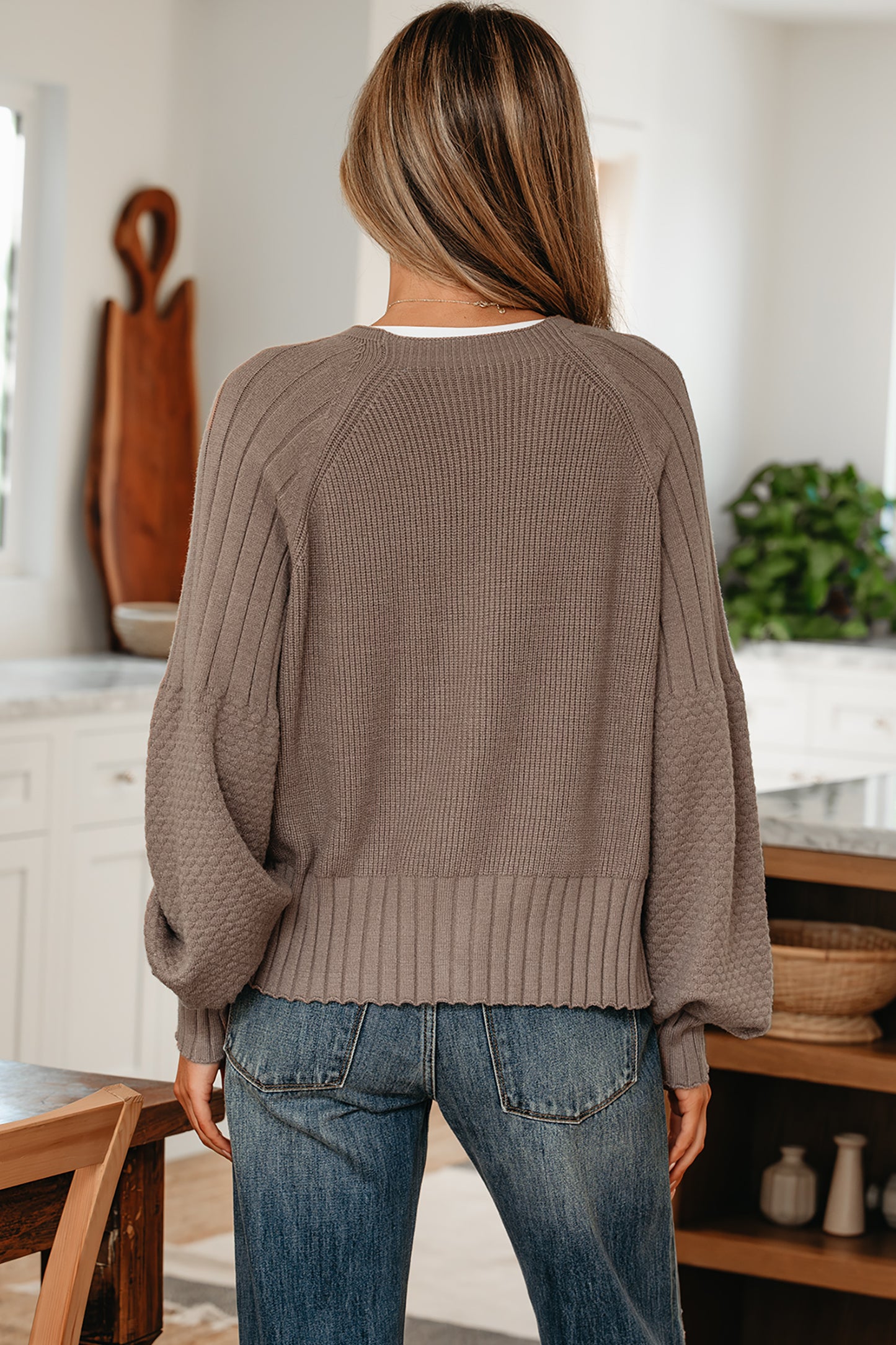 Goat Mixed Texture Knit Button V Neck Sweater Cardigan