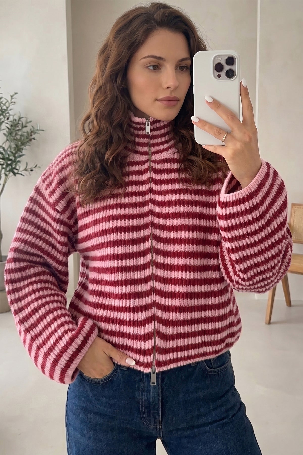 Red Stripe Zip Up Sweater