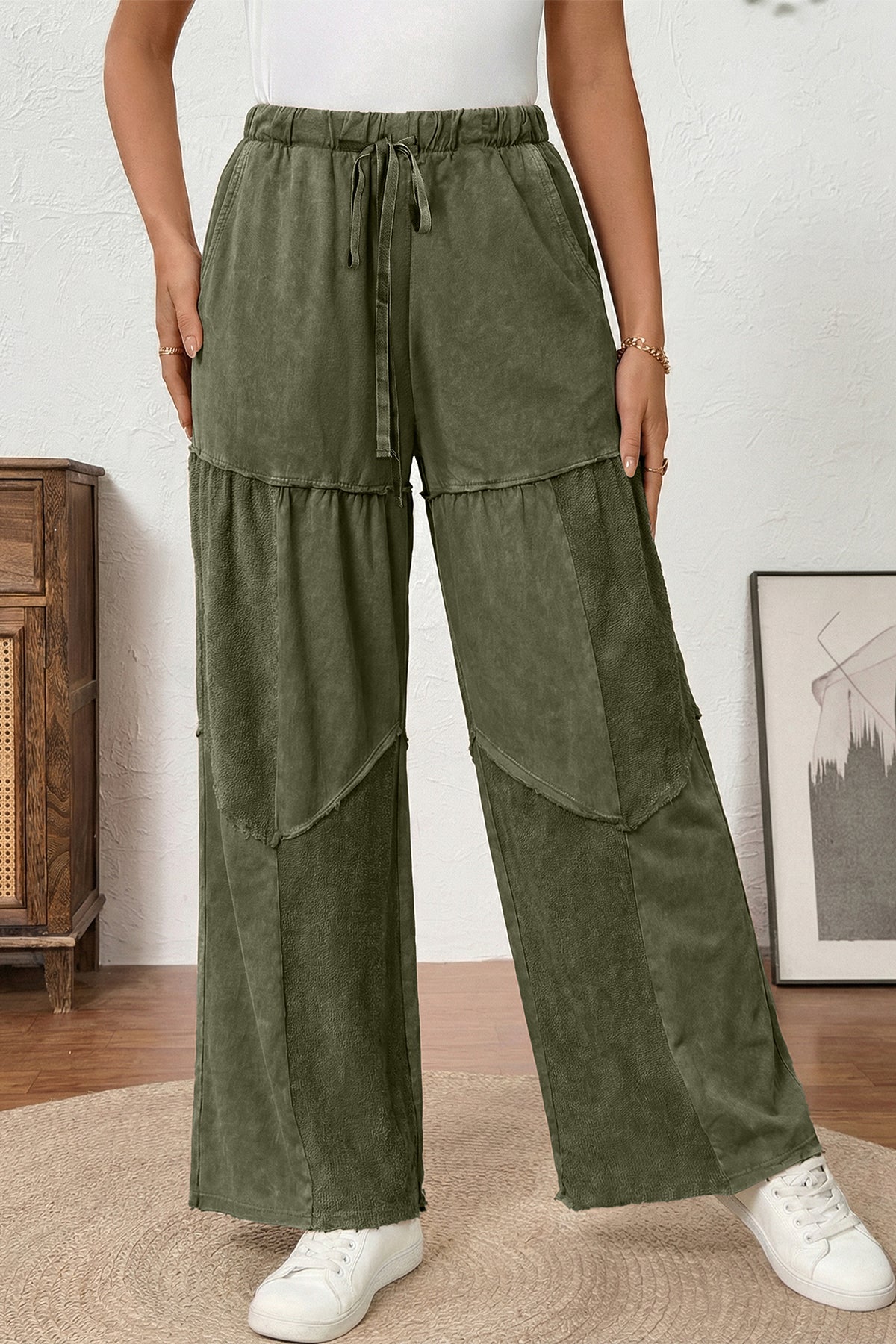 Black Mineral Wash Tiered Wide Leg Patchwork Drawstring Pants