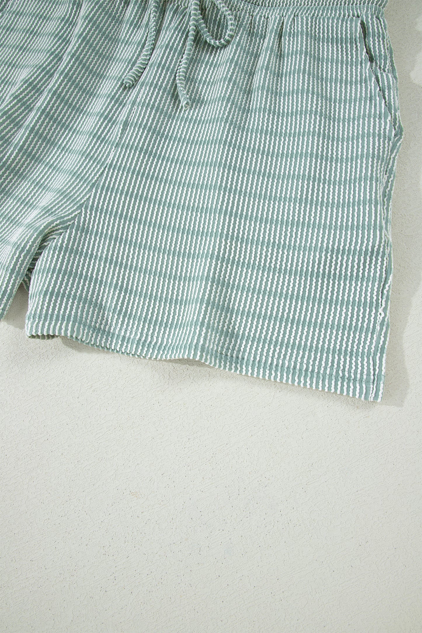 Sky Blue Stripe Raised Rib Loose Tee Drawstring Elastic Waist 2pcs Short Set