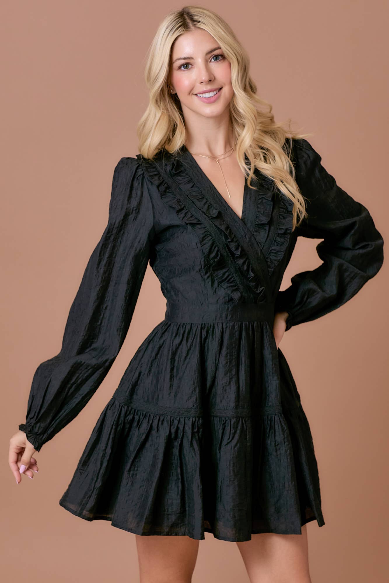 Surplice long sleeve dress with ruffle detailing: BLACK / M