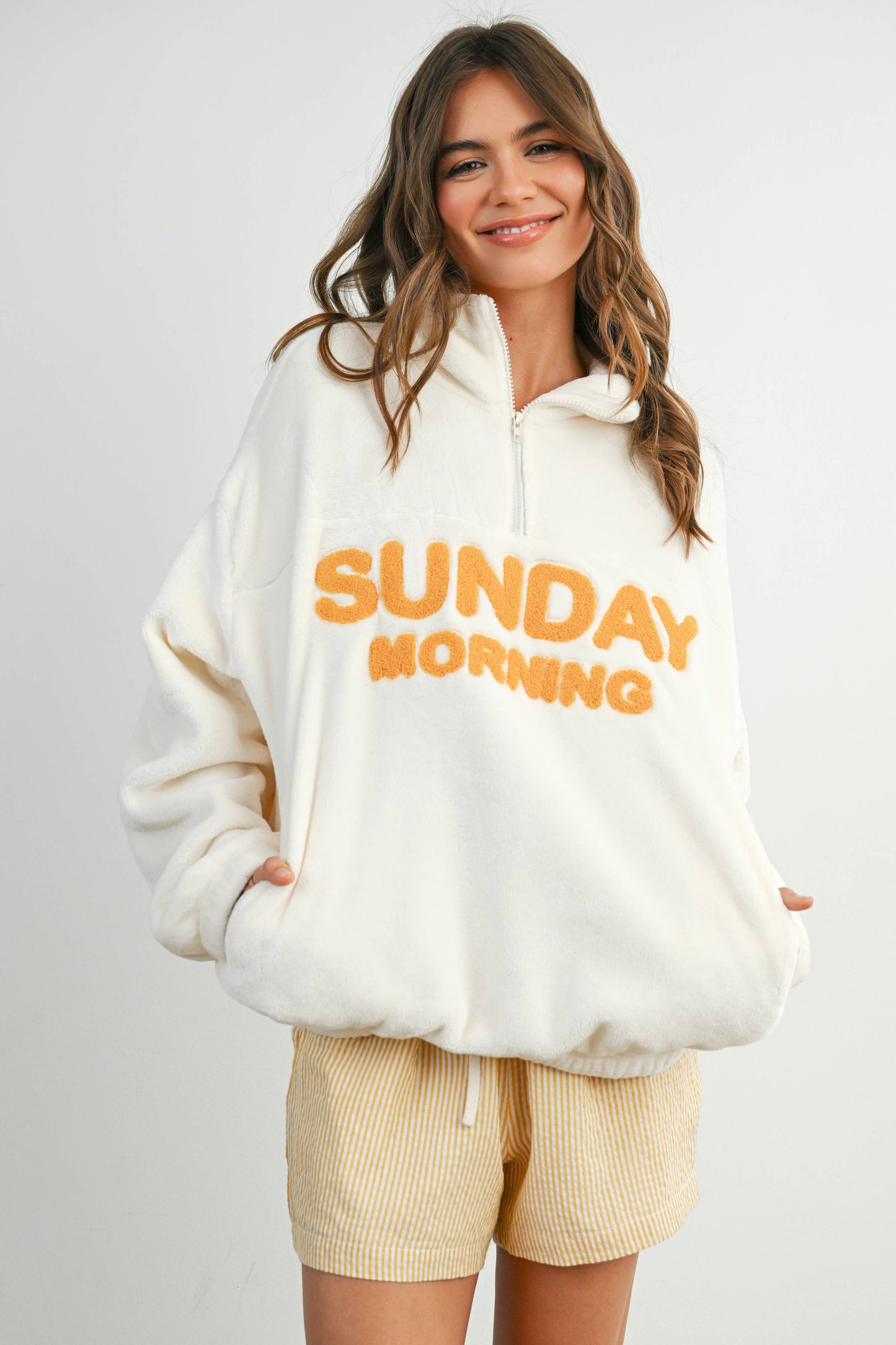 Sunday Morning Half-Zip Pullover Sweatshirt - BMT7579: IVORY / OLIVE / S