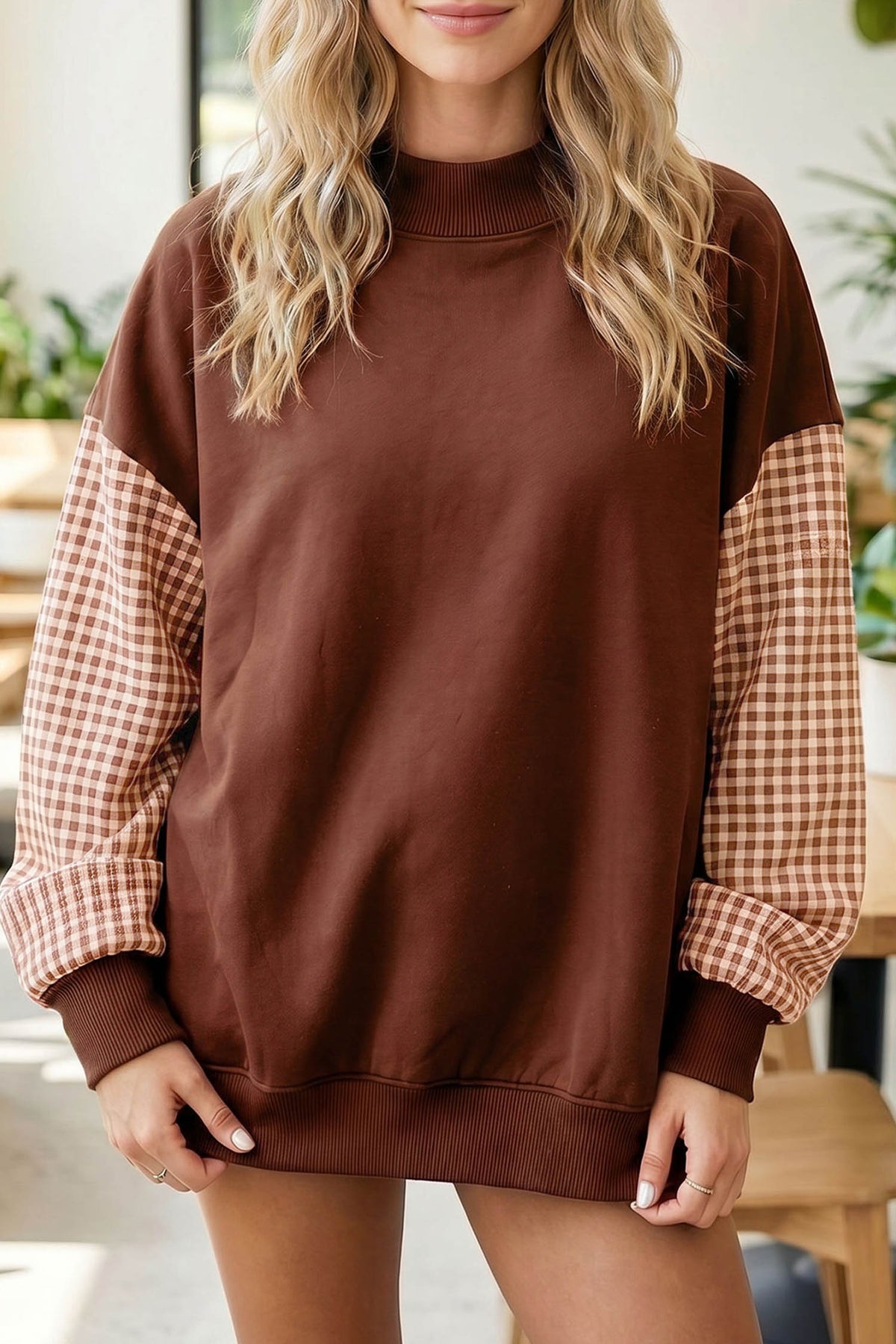 Navy Blue Plaid Sleeve Colorblock Loose Tunic Sweatshirt