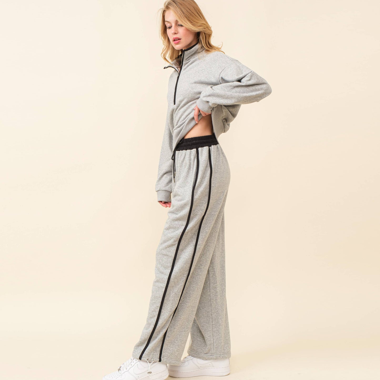 Striped Sweat Set w/ Quarter Zip Sweatshirt and Pants: DK.H.GREY/BLACK / L