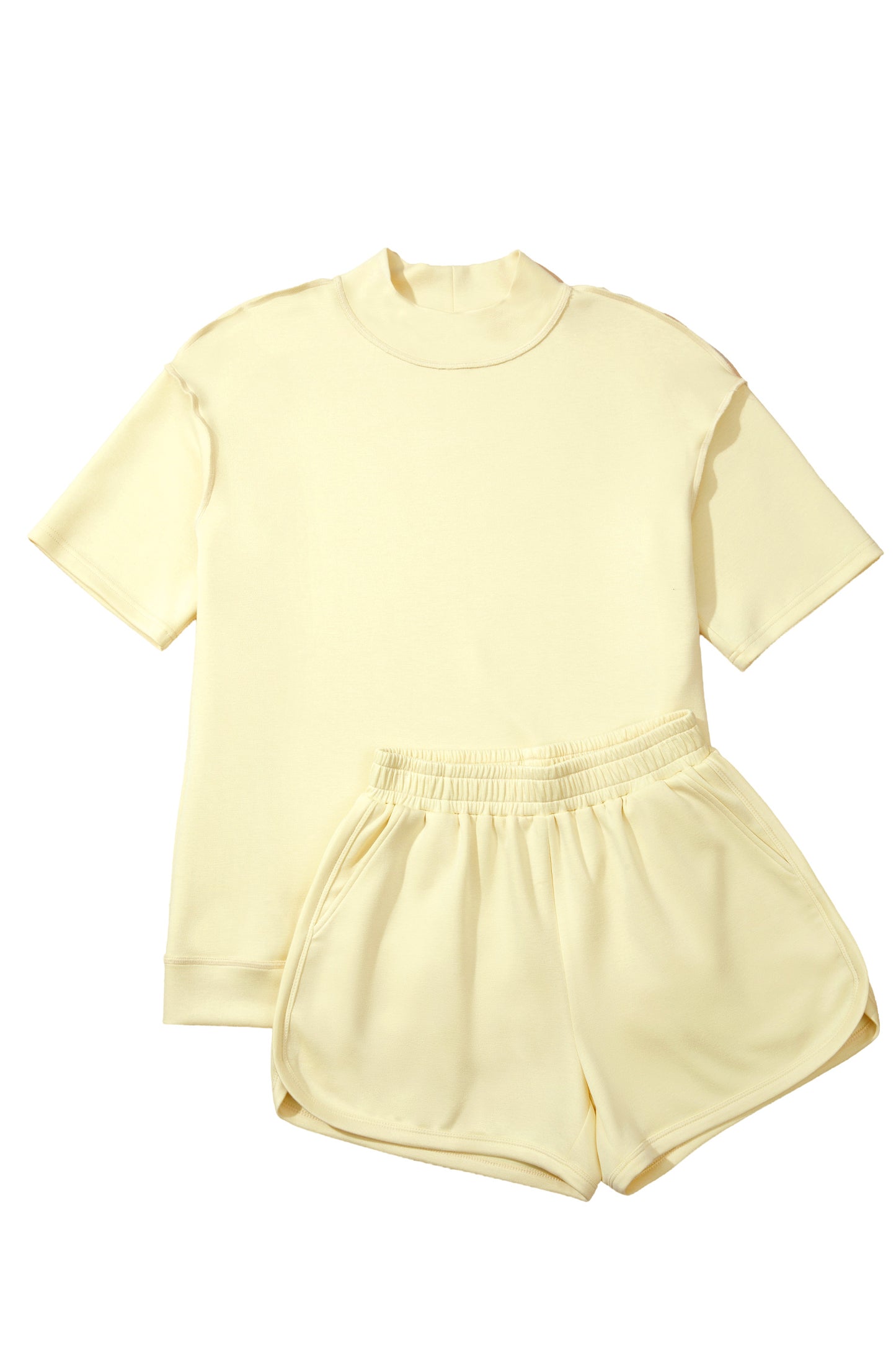 Moonlight Jade Solid Color Exposed Seam Mock Neck Oversize Tee Casual Shorts 2pcs Outfit