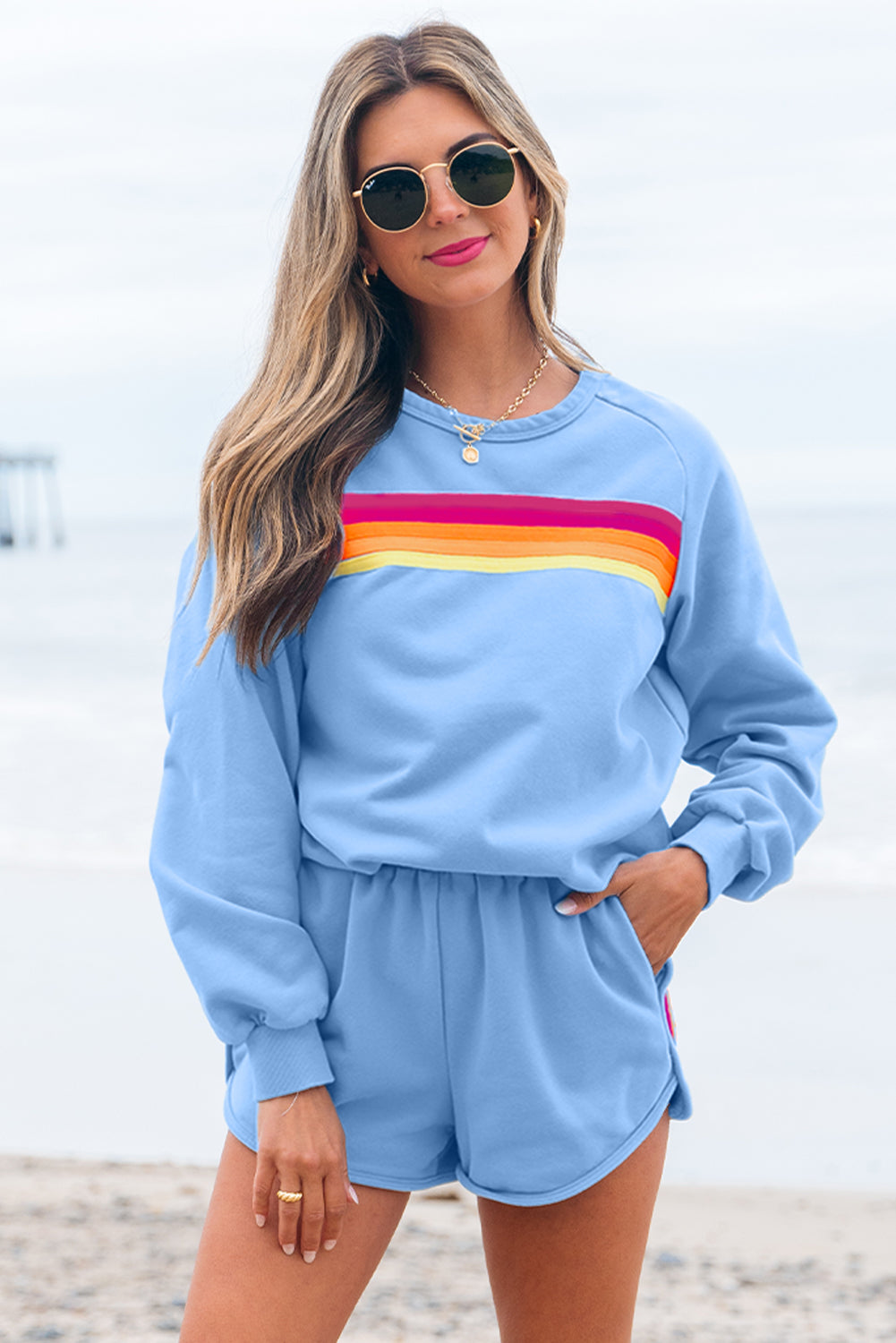 Black Striped Accent Pullover and Shorts Two Piece Casual Set