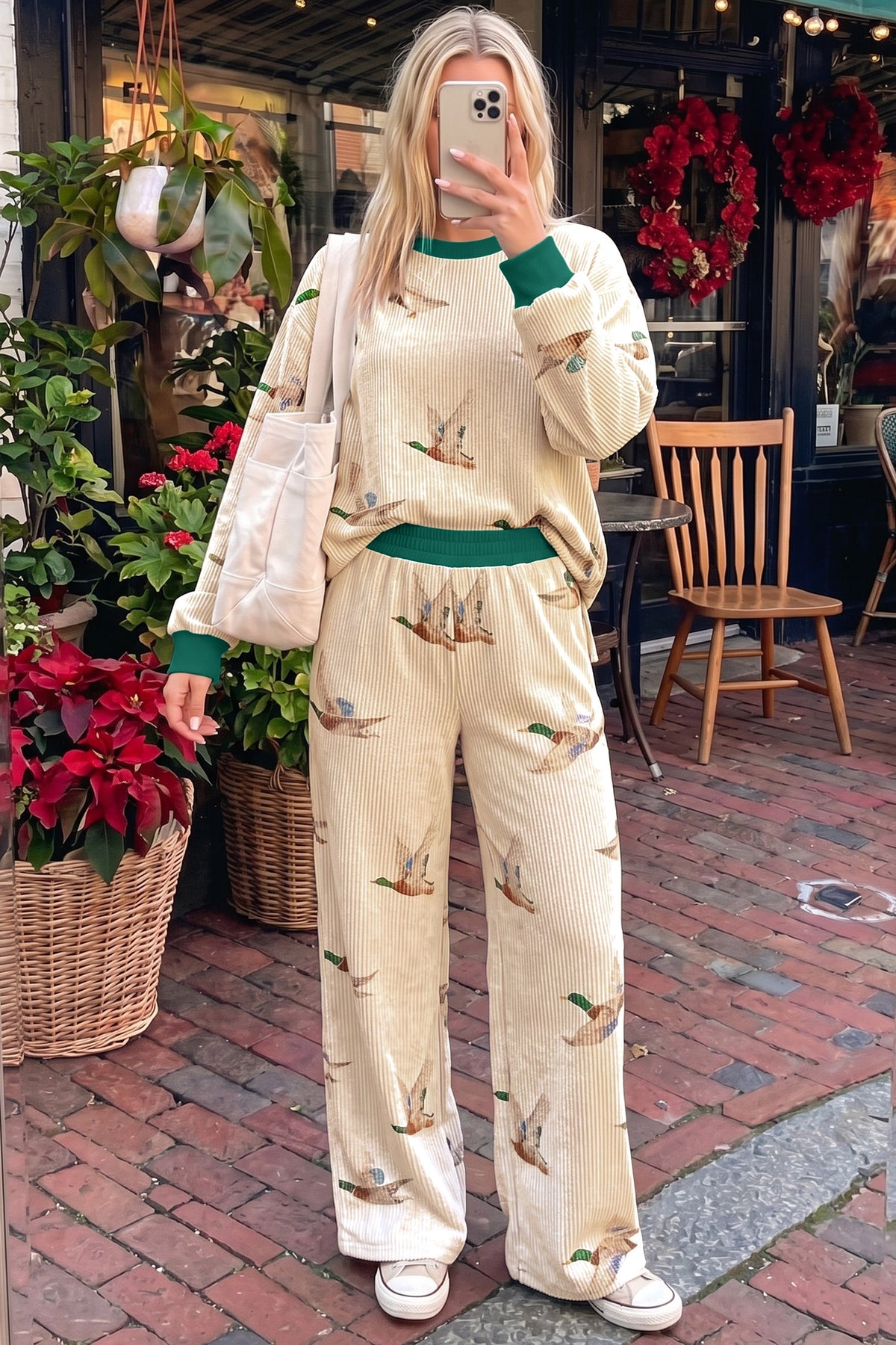 Beige Mallard Duck Print Two Piece Set