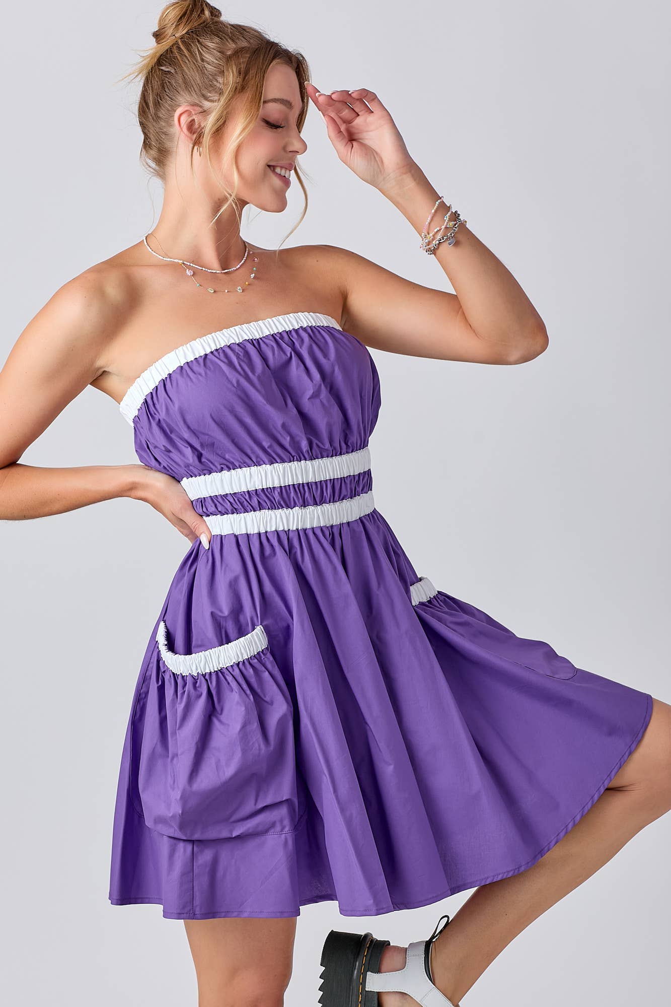 Gameday Contrast Gathered Over Sized Pocket Tube Dress : PURPLE / M
