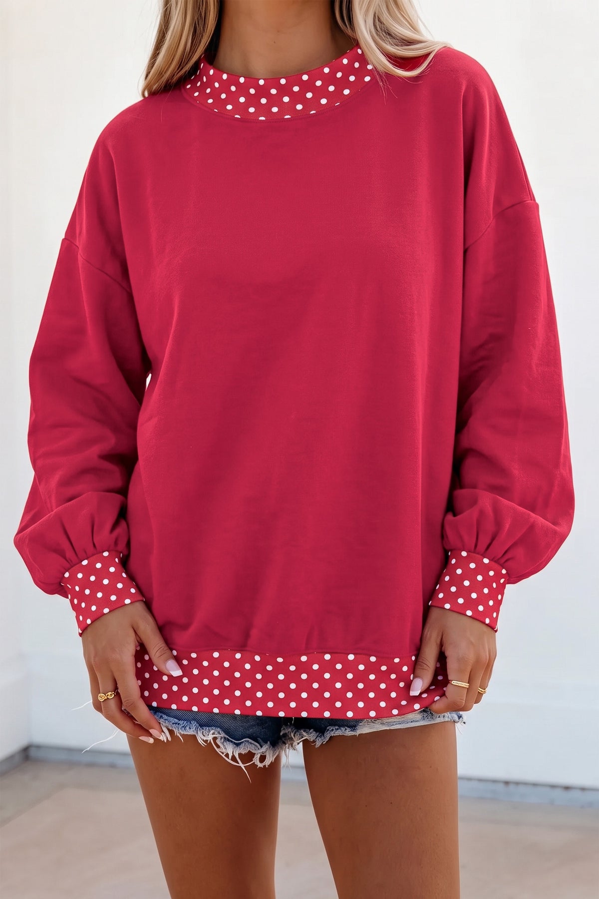 Dark Blue Colorblock Polka Dot Contrast Trim Oversized Sweatshirt