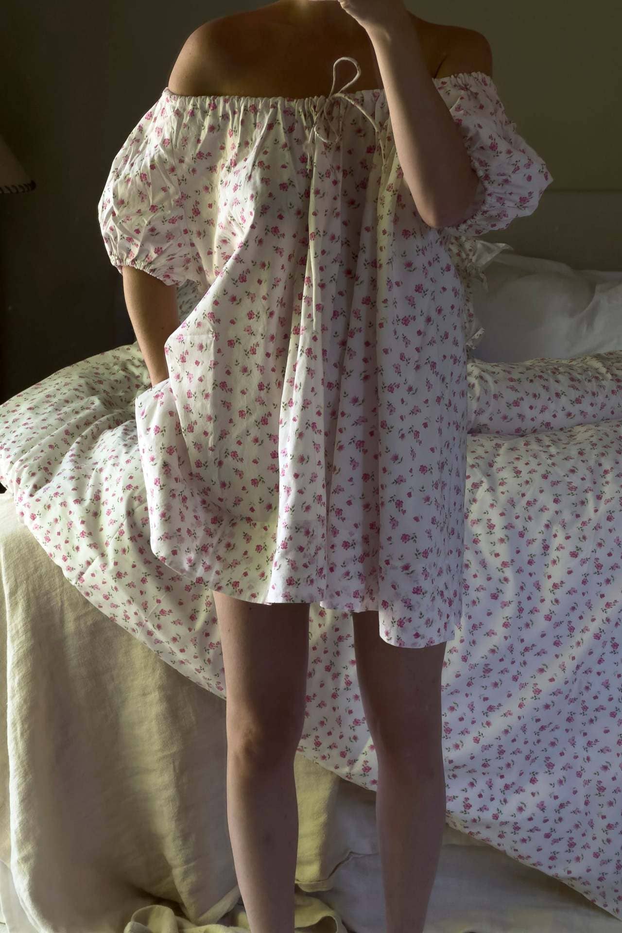 Rose Bloom Floral Red Gingham puff sleeve babydoll dress: Red / L