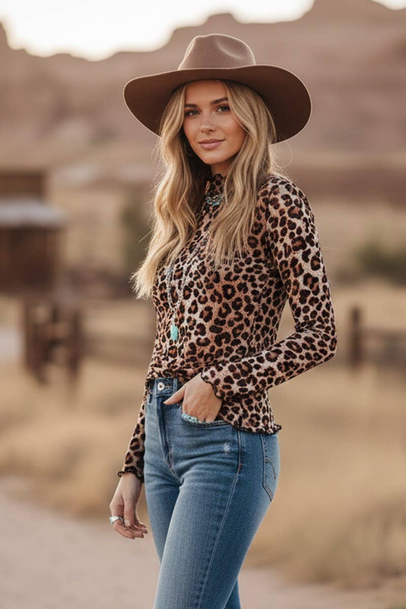Leopard Printed Stretch Mesh Long Sleeve Top