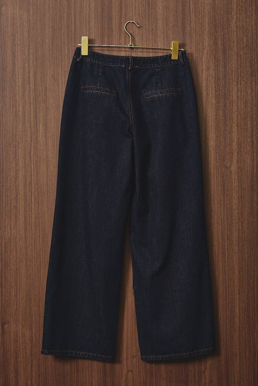 Pleated Low Rise Wide Leg Dark Wash Denim Pants