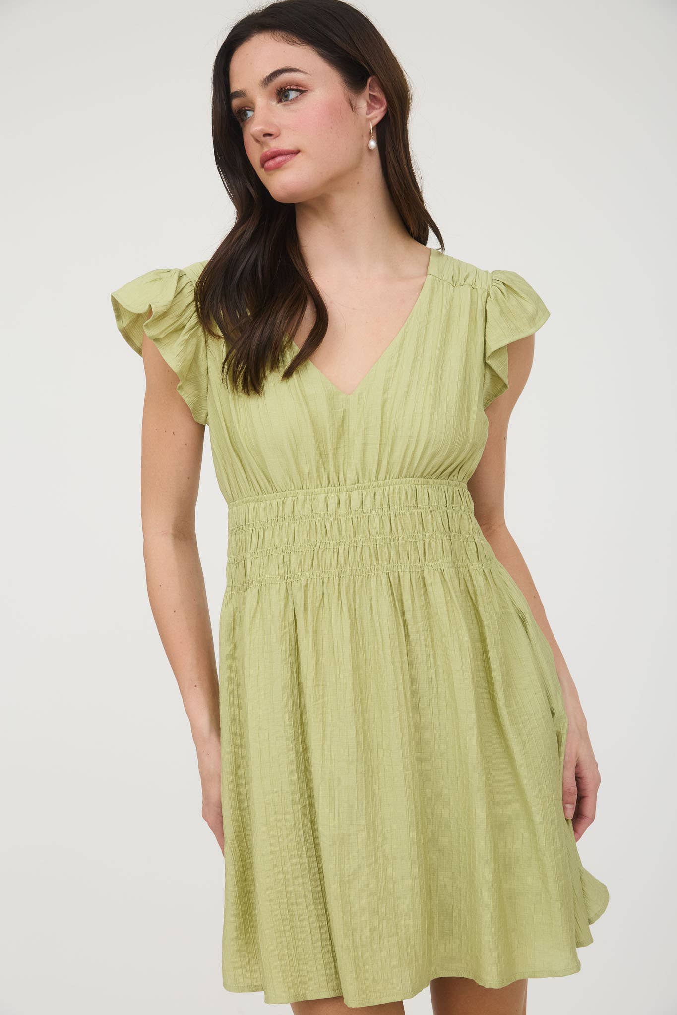 V NECK SHIRRED WAIST RUFFLE SLEEVE MINI DRESS