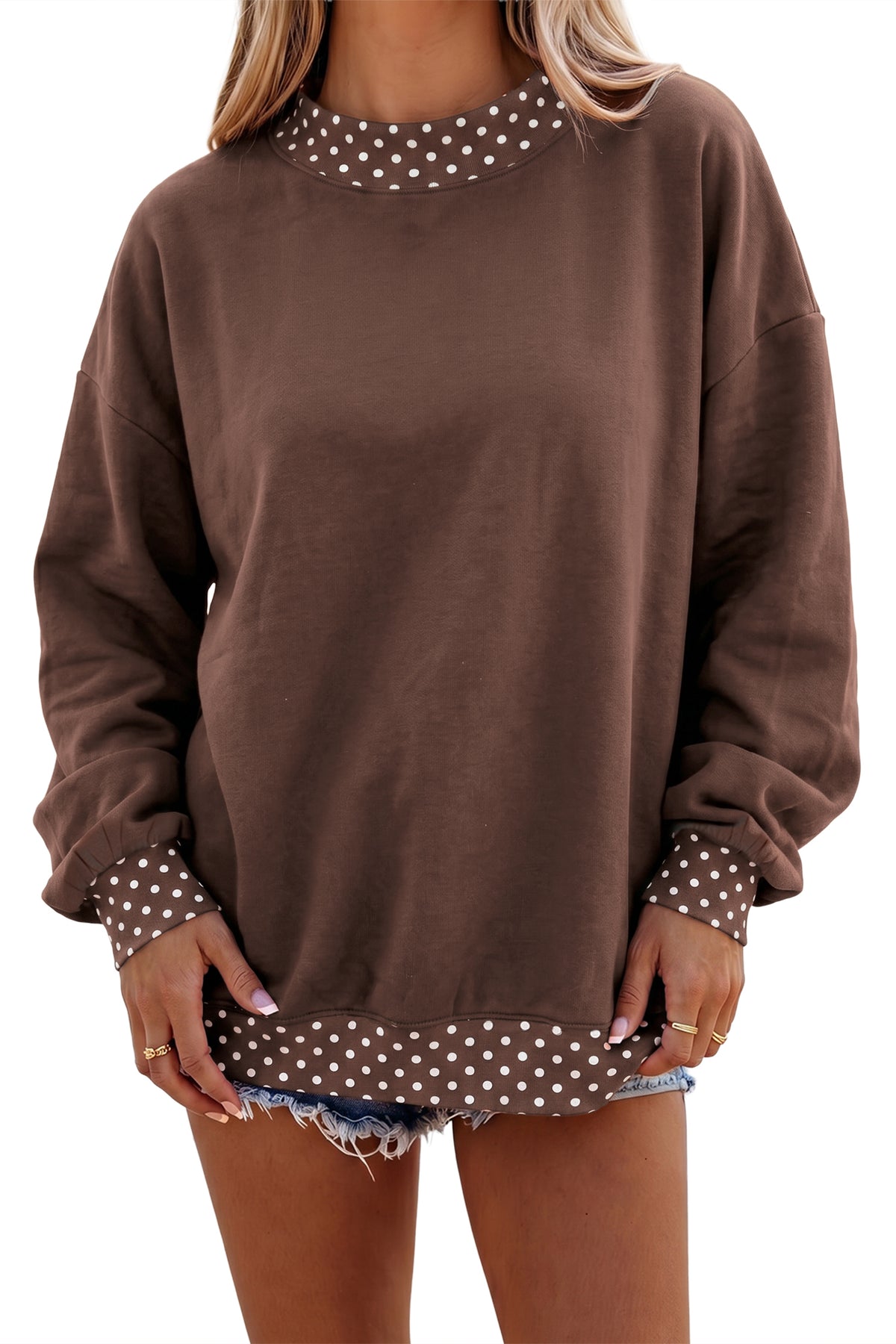 Dark Blue Colorblock Polka Dot Contrast Trim Oversized Sweatshirt