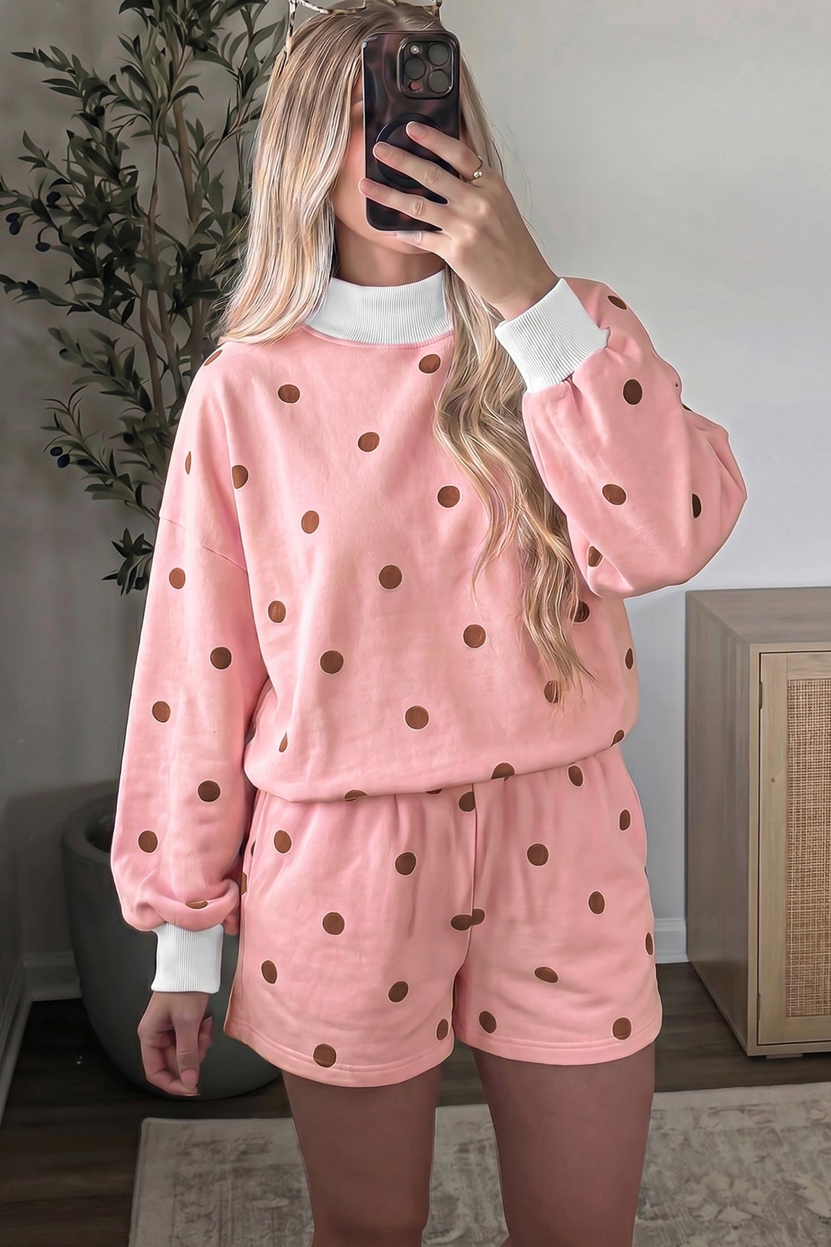 Yellow Polka Dot Ribbed Trim Long Sleeve Top Casual Short Set
