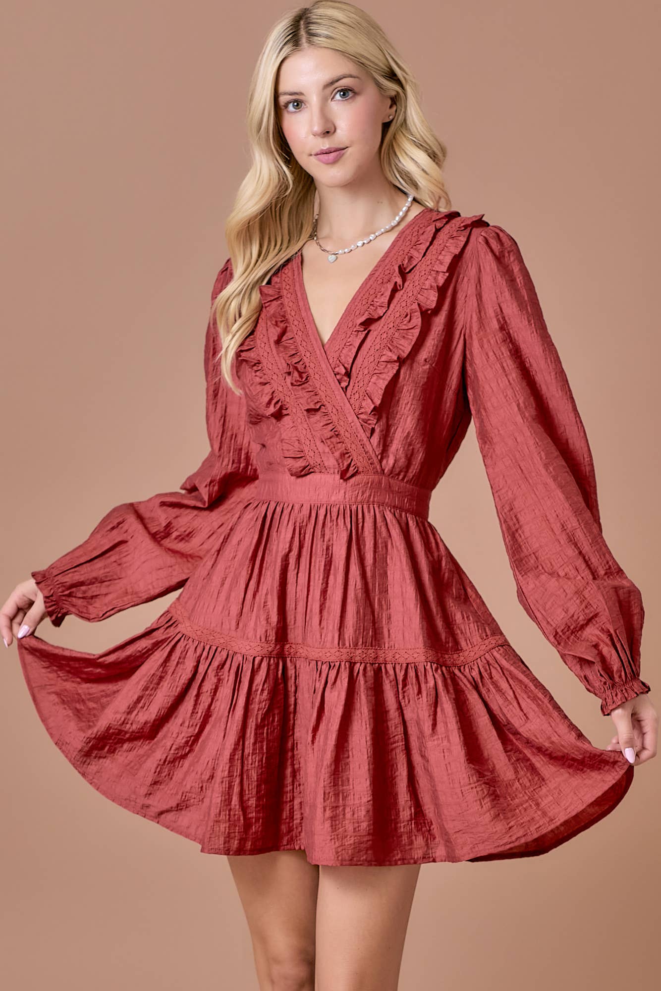 Surplice long sleeve dress with ruffle detailing: BLACK / M