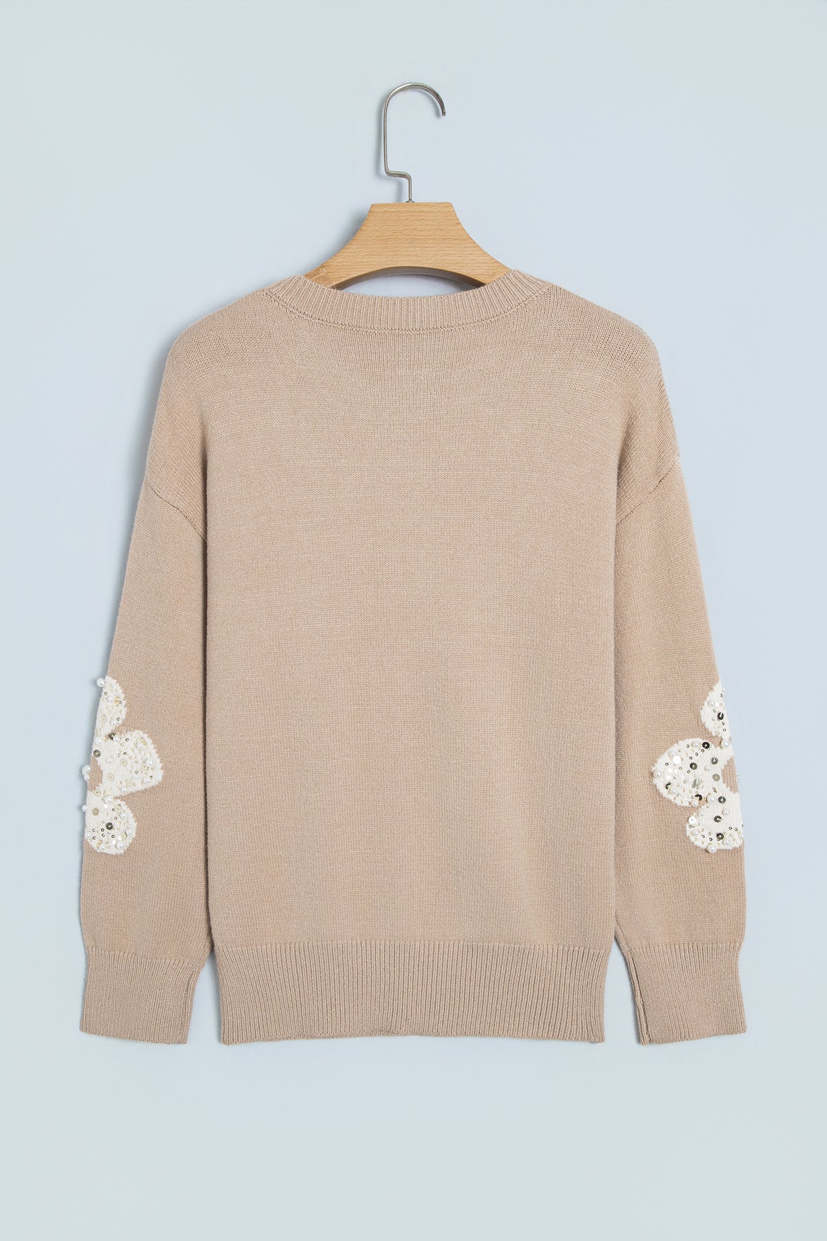 Smoke Gray Beaded Floral Patchwork Ribbed Trim Round Neck Sweater