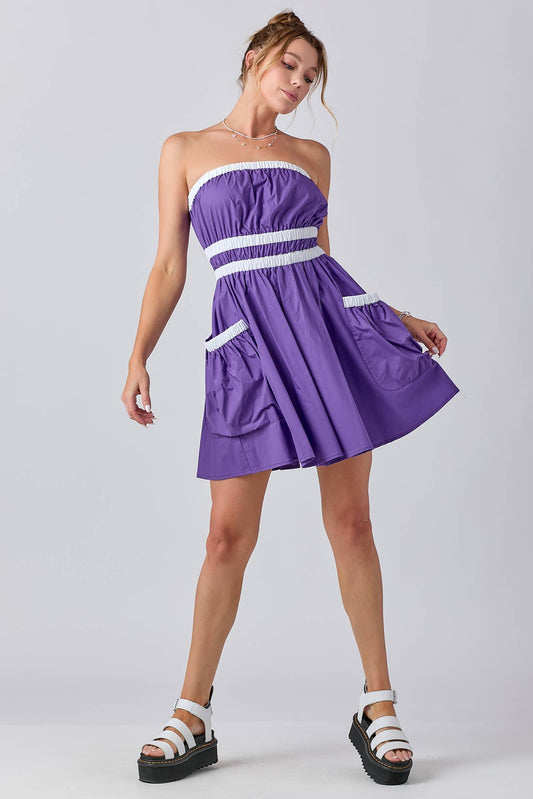 Gameday Contrast Gathered Over Sized Pocket Tube Dress : PURPLE / M