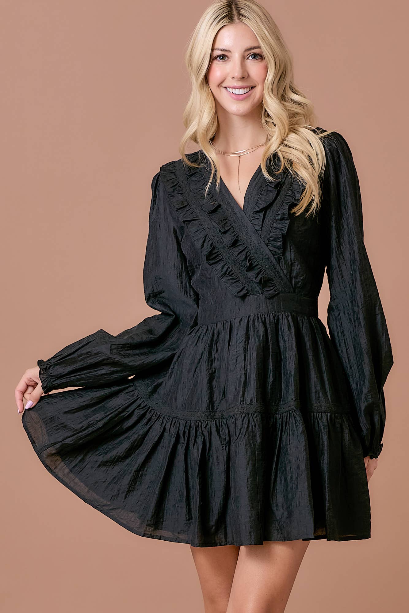 Surplice long sleeve dress with ruffle detailing: BLACK / M